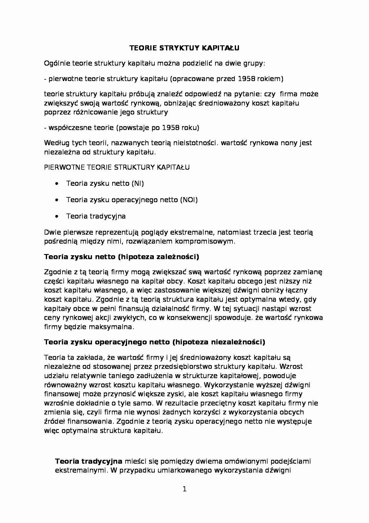 Teorie struktury kapitału- opracowanie - strona 1