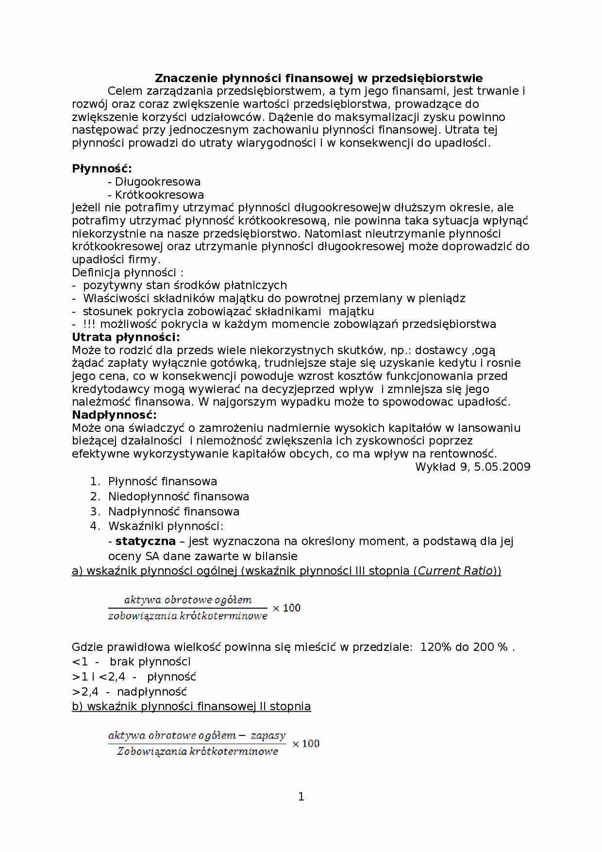 Znaczenie płynności finansowej w przedsiębiorstwie- opracowanie - strona 1