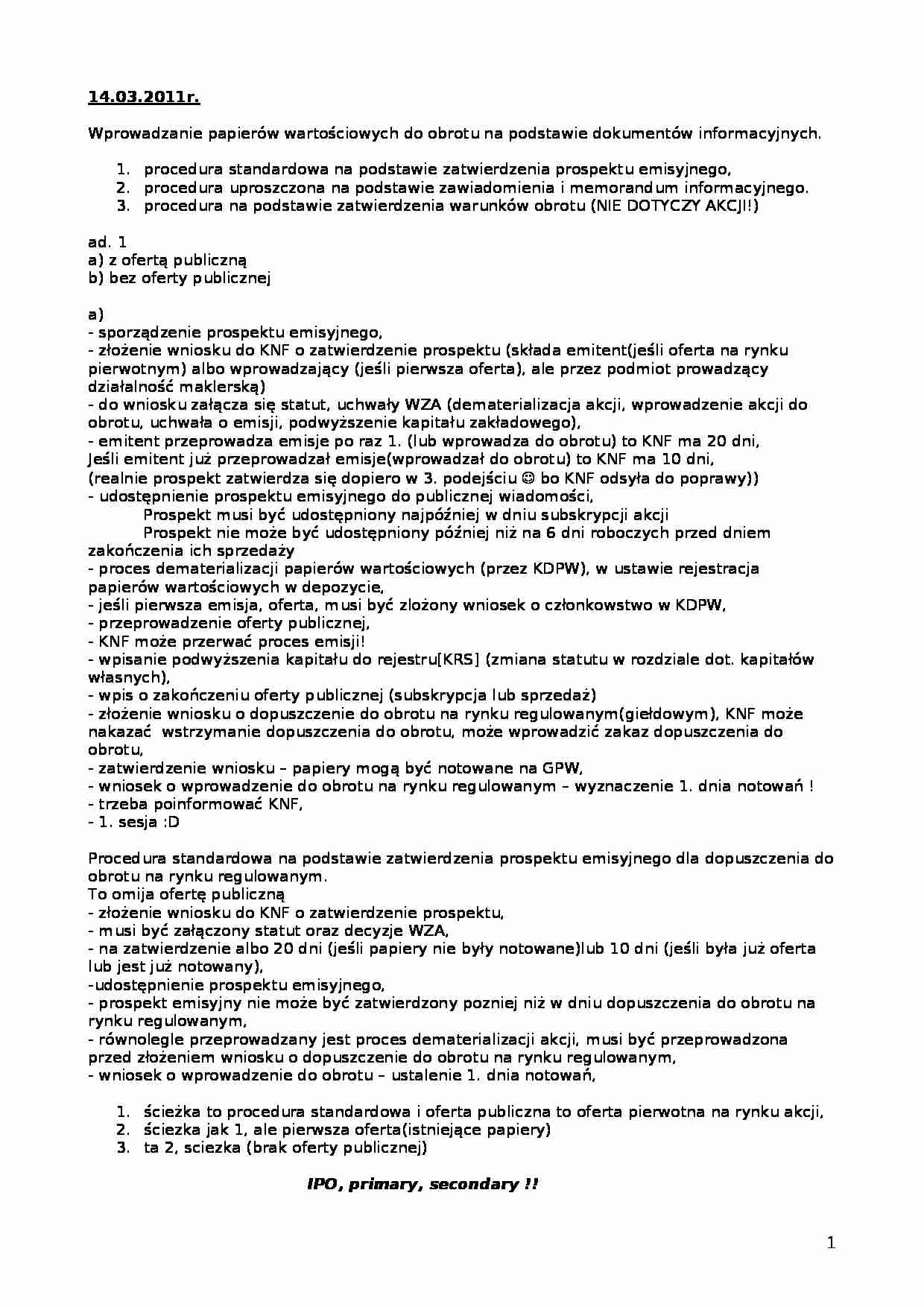 Wprowadzanie papierów wartościowych do obrotu na podstawie dokumentów informacyjnych- wykład - strona 1
