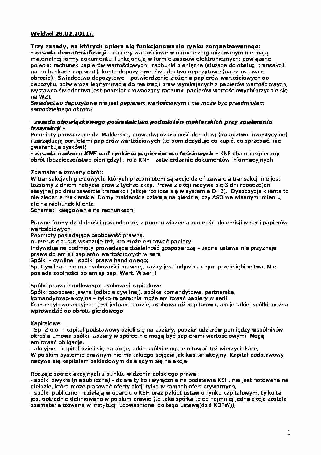 Zasady funkcjonowania rynku zorganizowanego- wykład - strona 1