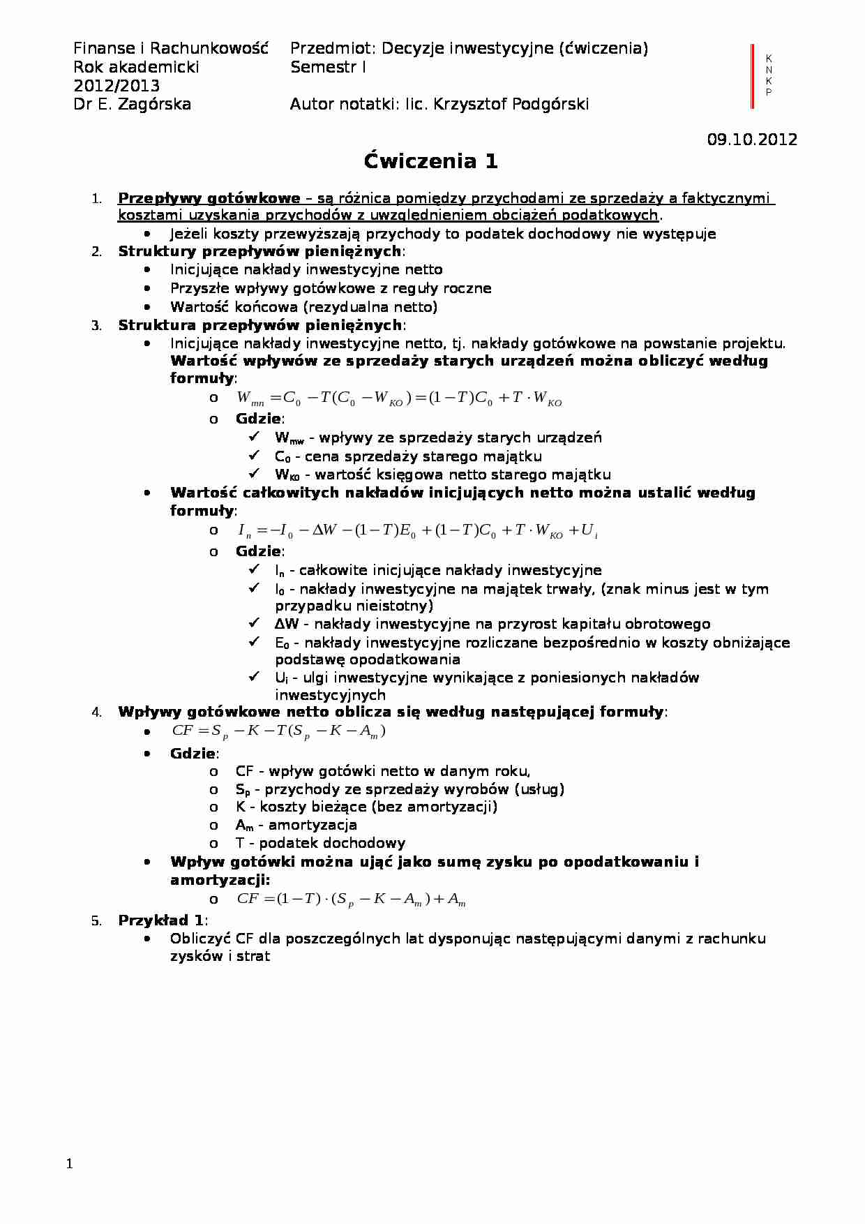 Przepływy gotówkowe- ćwiczenia - strona 1