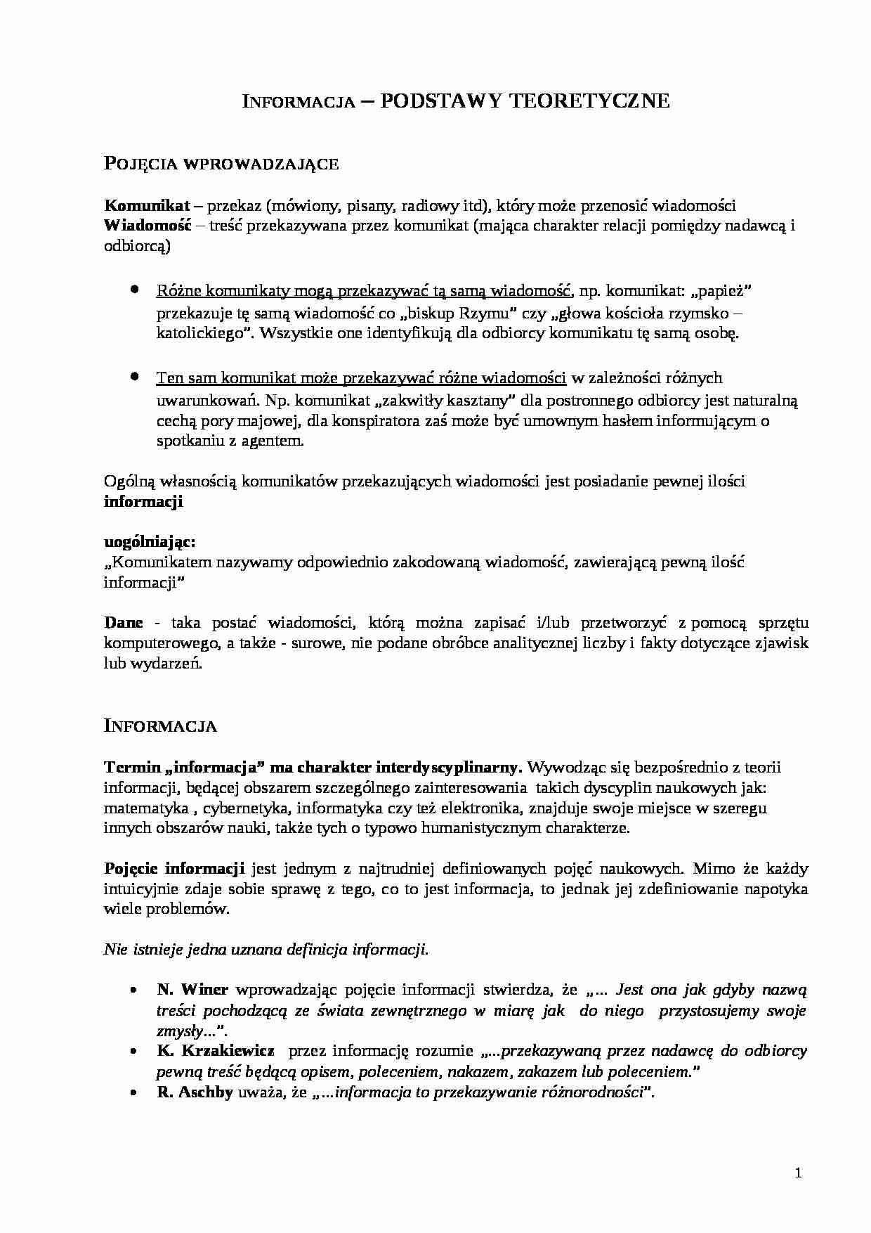 Informacja - podstawy teoretyczne - strona 1