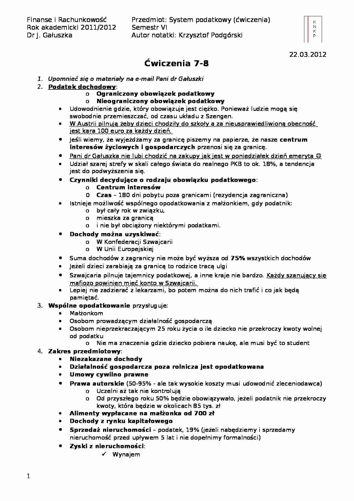 Podatek dochodowy- ćwiczenia 7-8 - strona 1