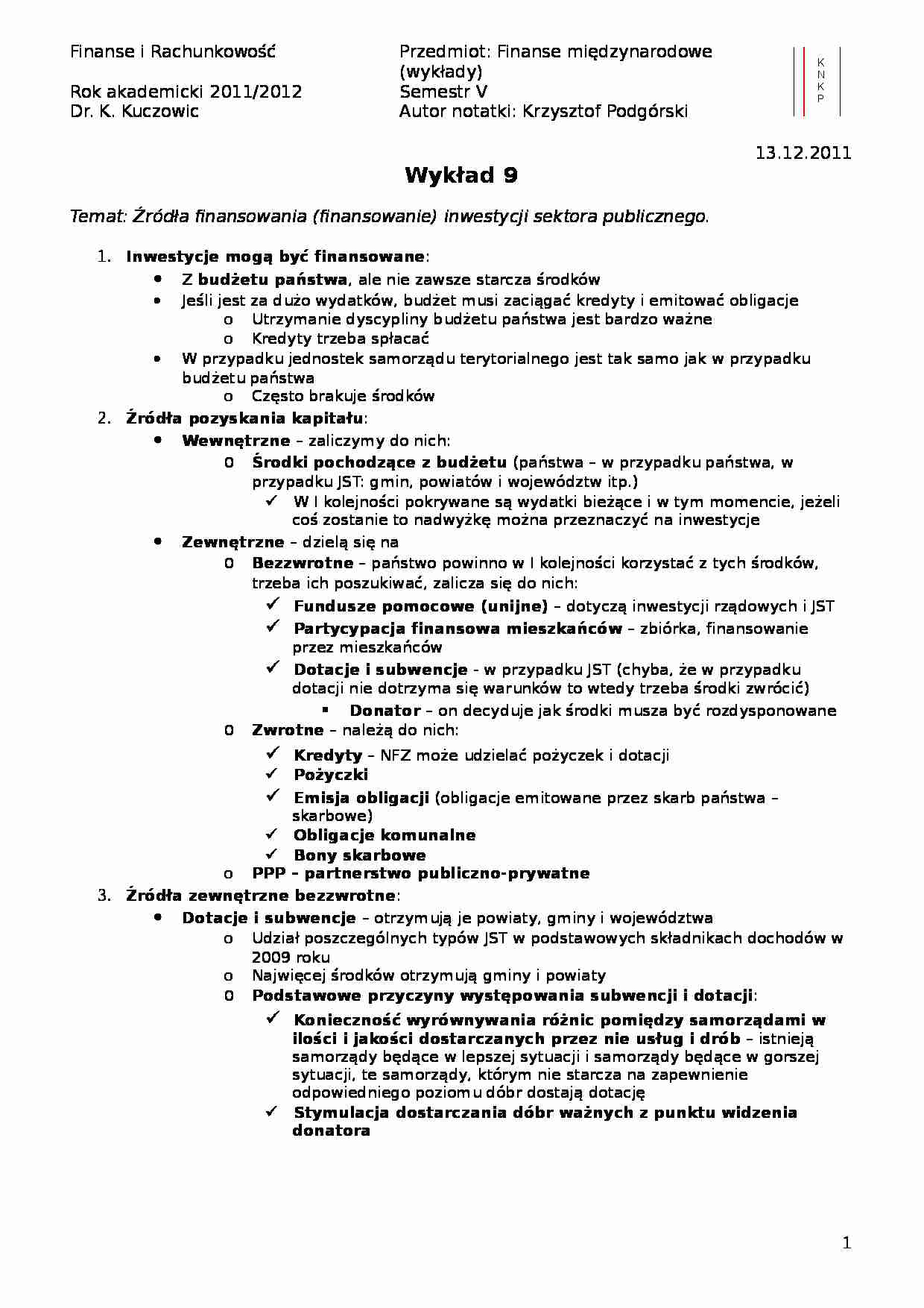 Źródła finansowania inwestycji sektora publicznego- wykład 9 - strona 1