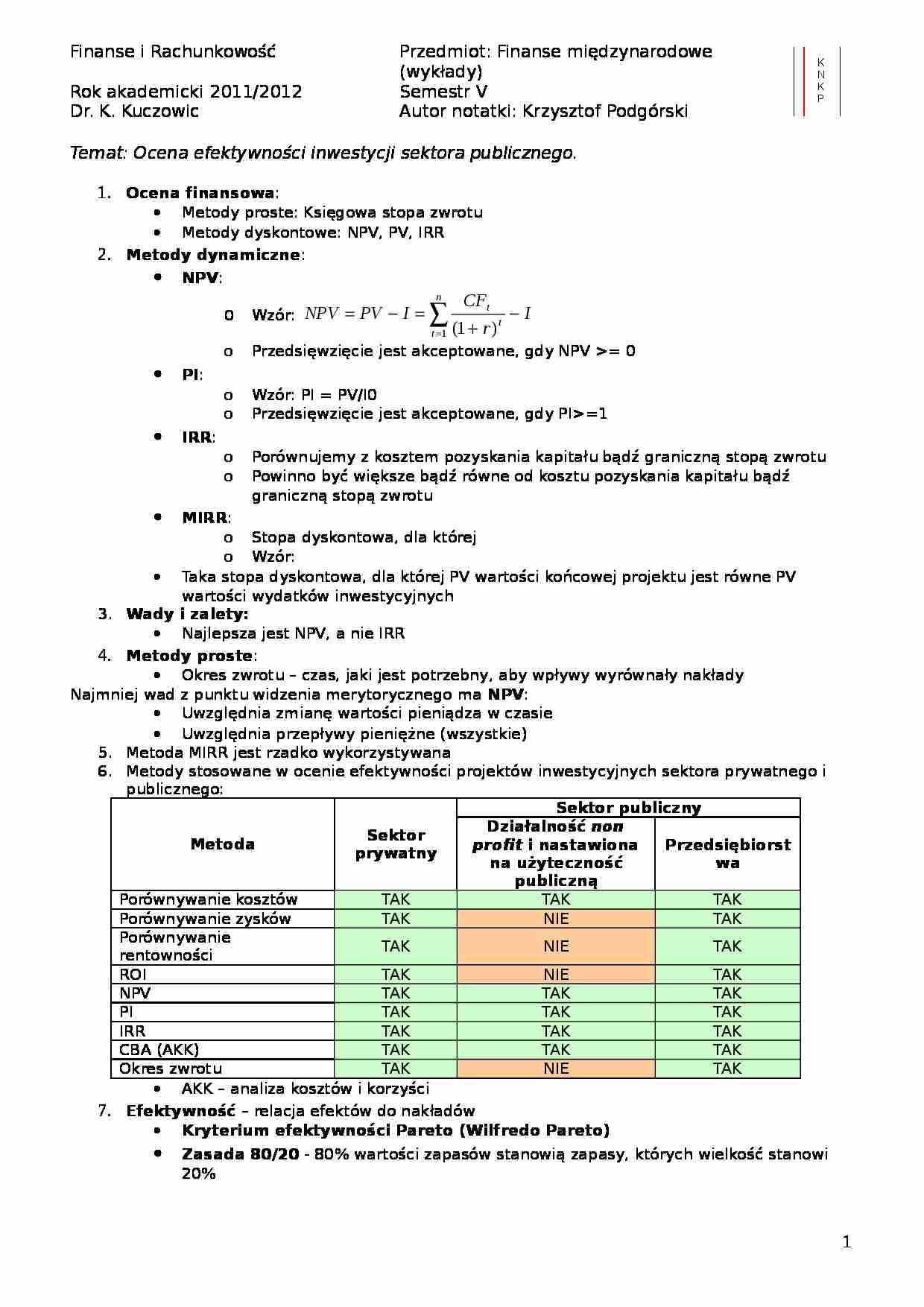 Ocena efektywności inwestycji sektora publicznego- wykład - strona 1