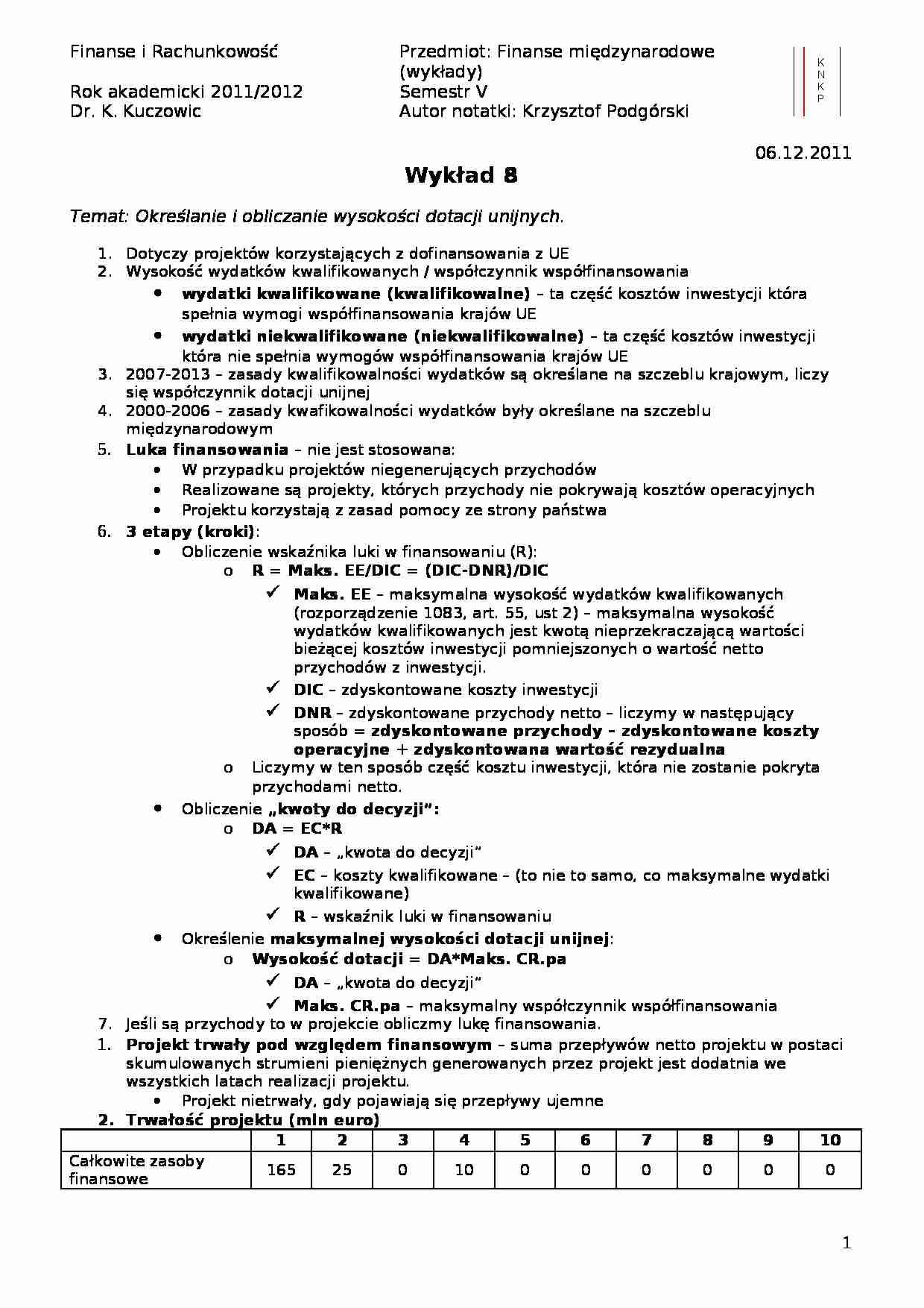 Określanie i obliczanie wysokości dotacji unijnych- wykład 8 - strona 1