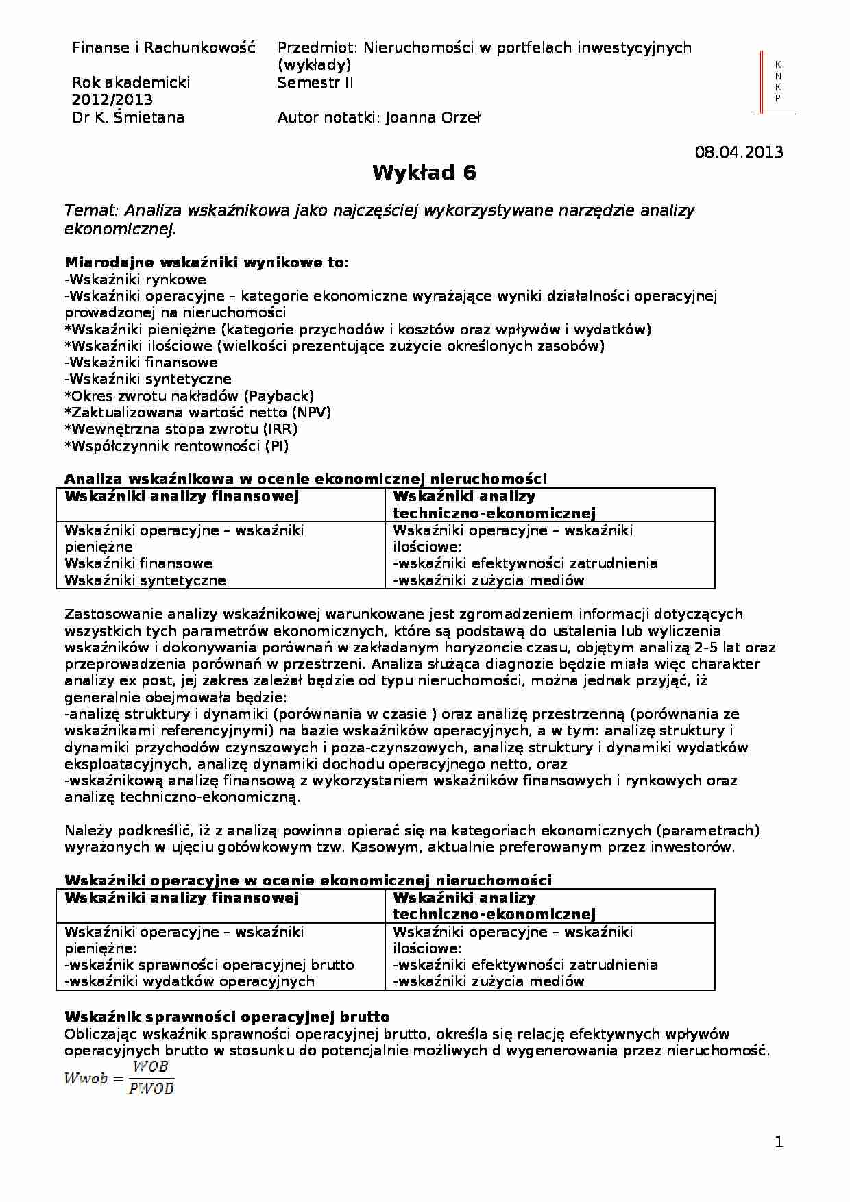 Analiza wskaźnikowa jako najczęściej wykorzystywane narzędzie analizy ekonomicznej- wykład  - strona 1