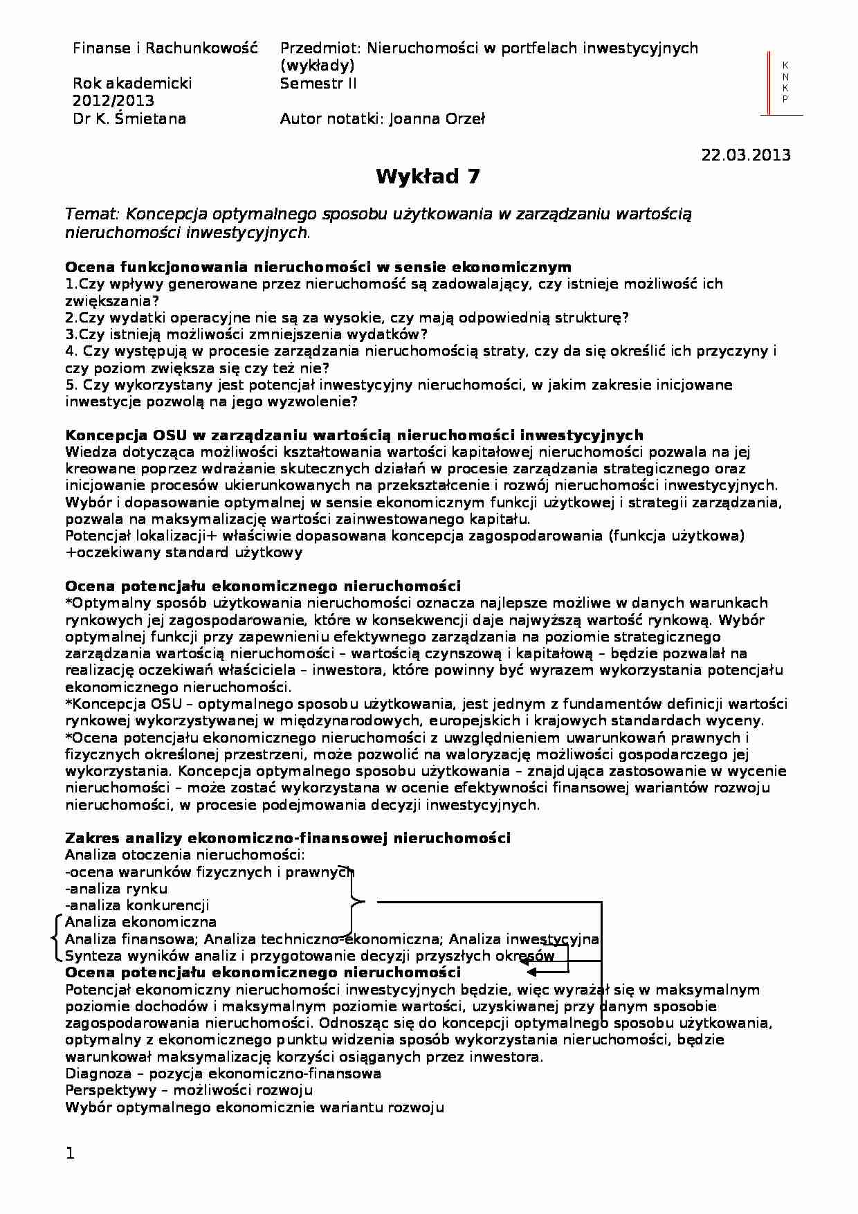 Koncepcja optymalnego sposobu użytkowania w zarządzaniu wartością nieruchomości inwestycyjnych- wykład  - strona 1