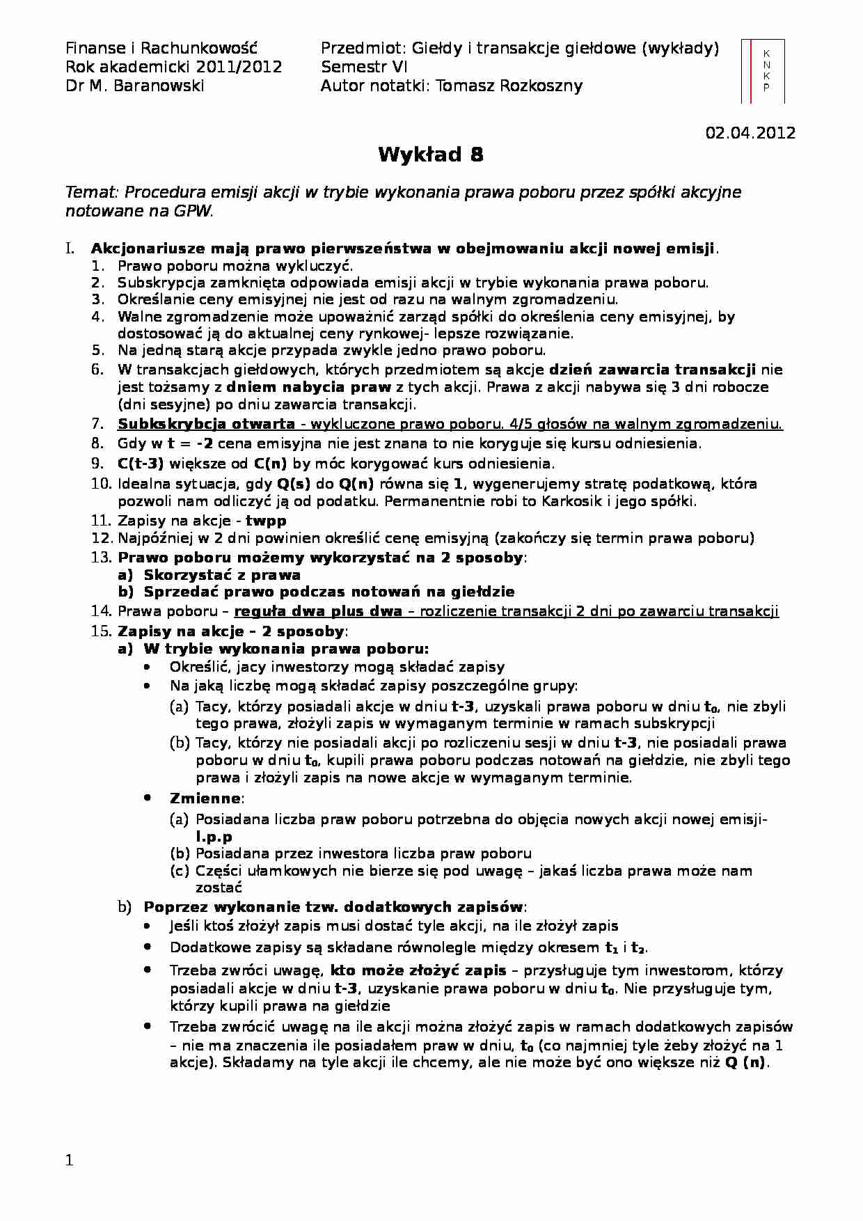 Procedura emisji akcji w trybie wykonania prawa poboru przez spółki akcyjne notowane na GPW- wykład 8 - strona 1