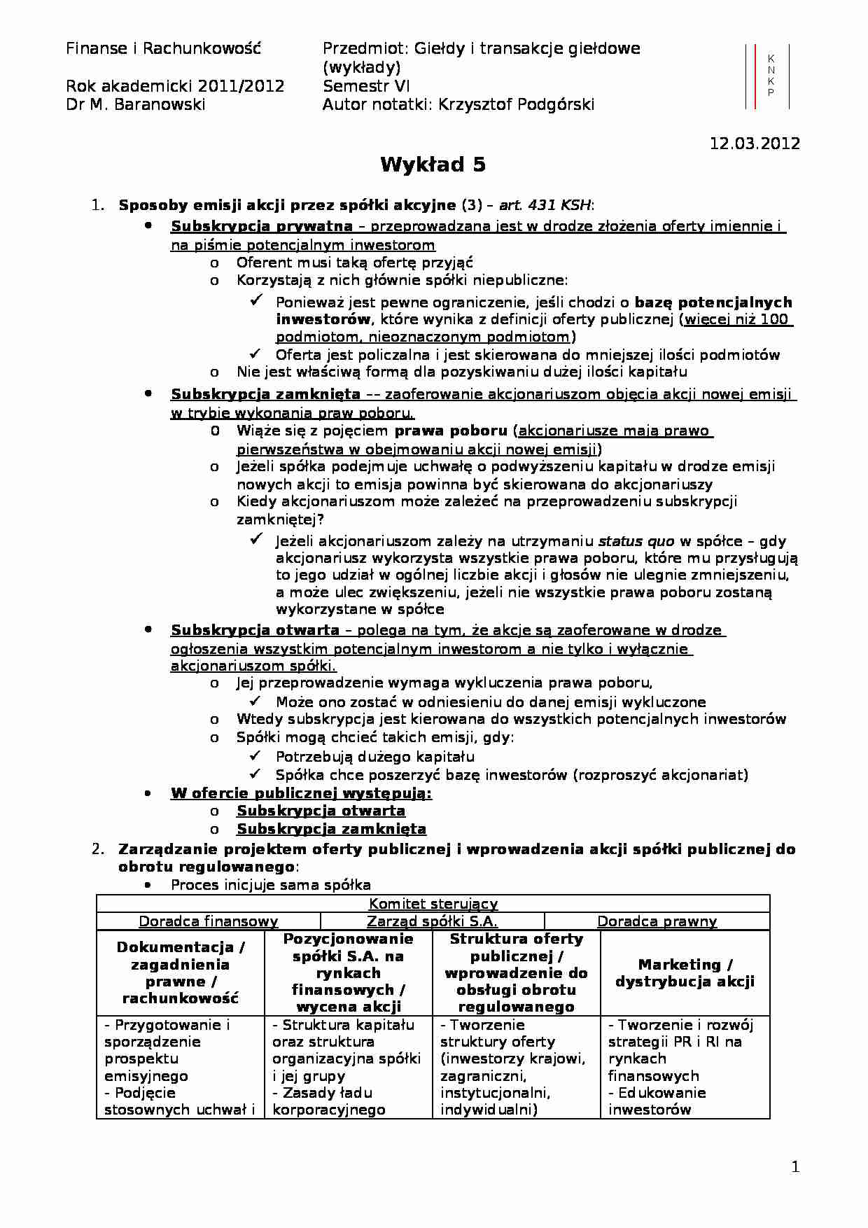 Zarządzanie projektem oferty publicznej- wykład 5 - strona 1