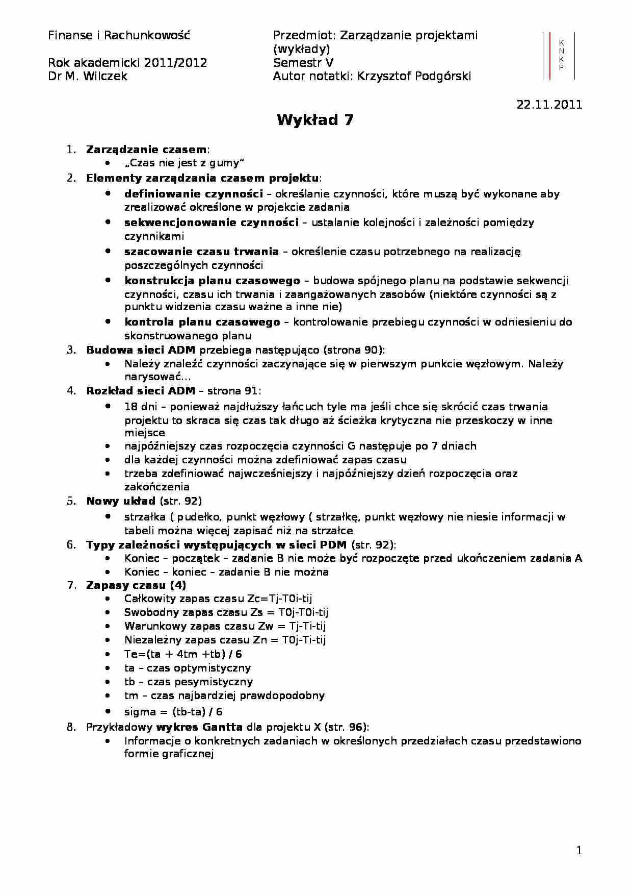 Zarządzanie czasem- wykład 7 - strona 1