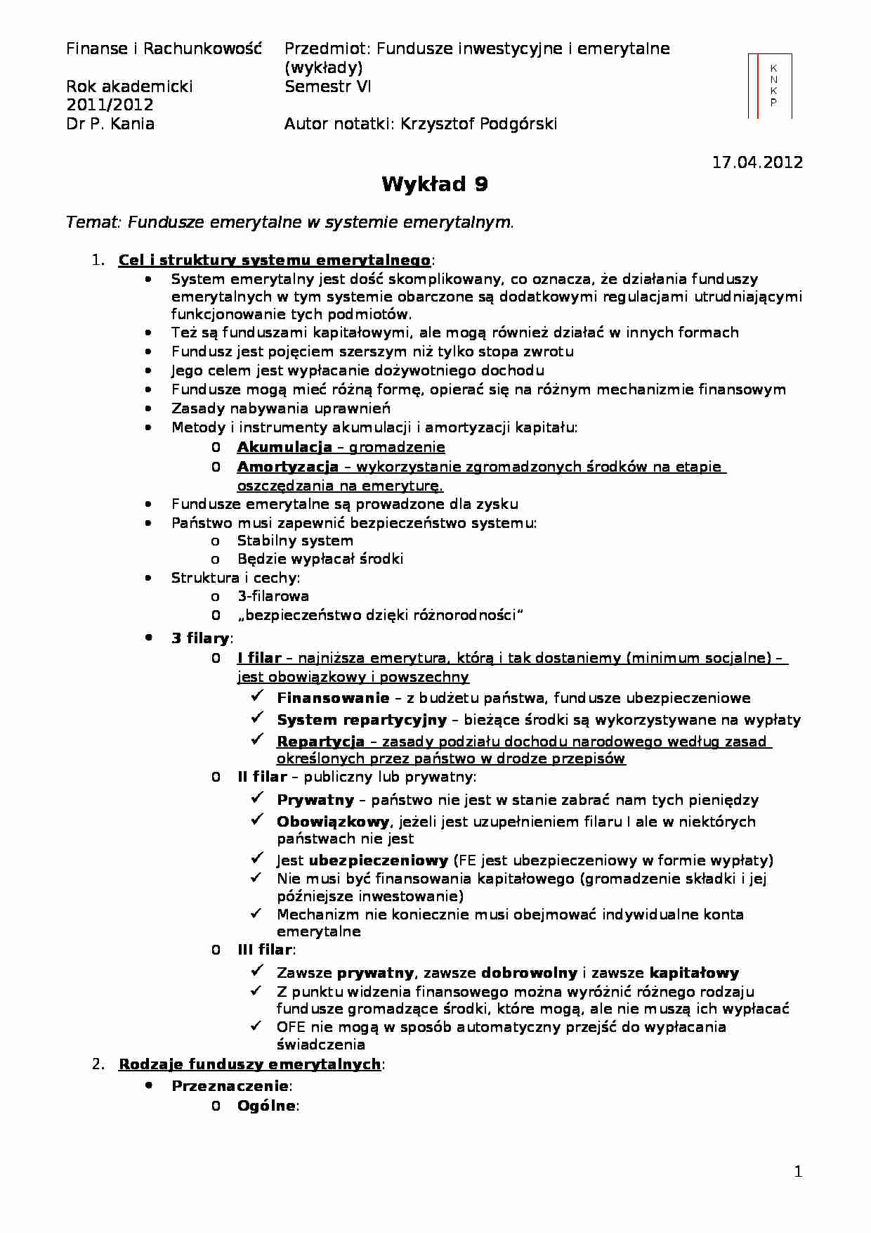 Fundusze emerytalne w systemie emerytalnym- wykład 9 - strona 1