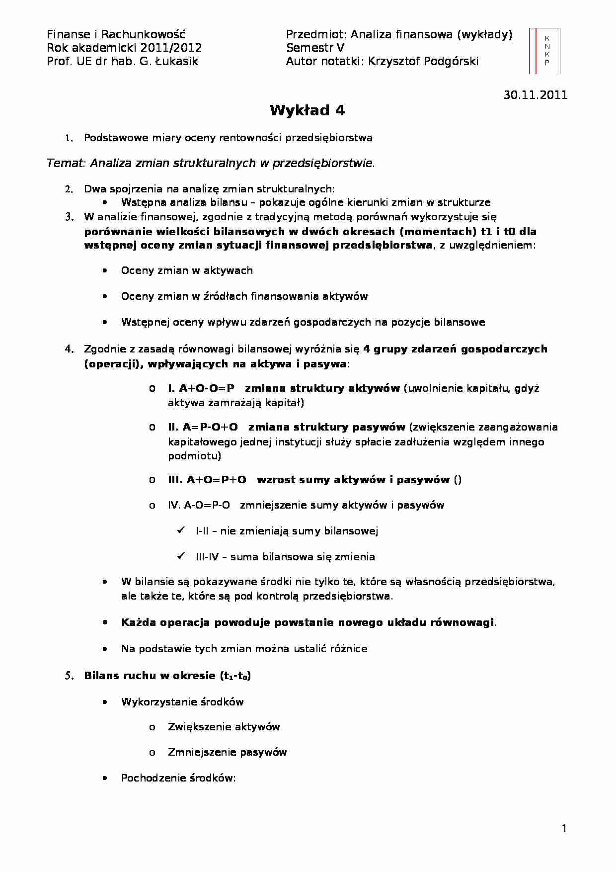 Analiza zmian strukturalnych w przedsiębiorstwie- wykład 4 - strona 1