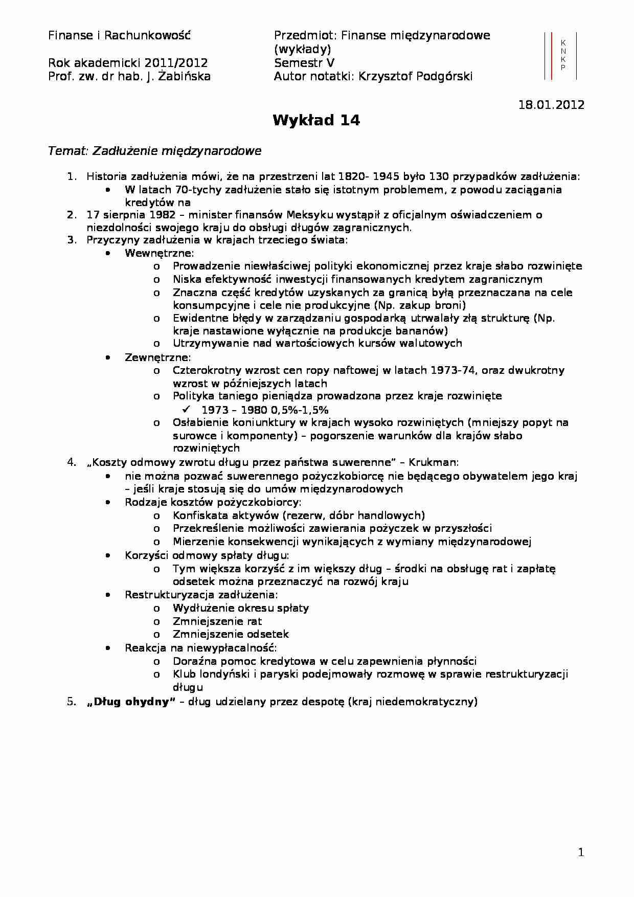 Zadłużenie międzynarodowe- wykład 14 - strona 1