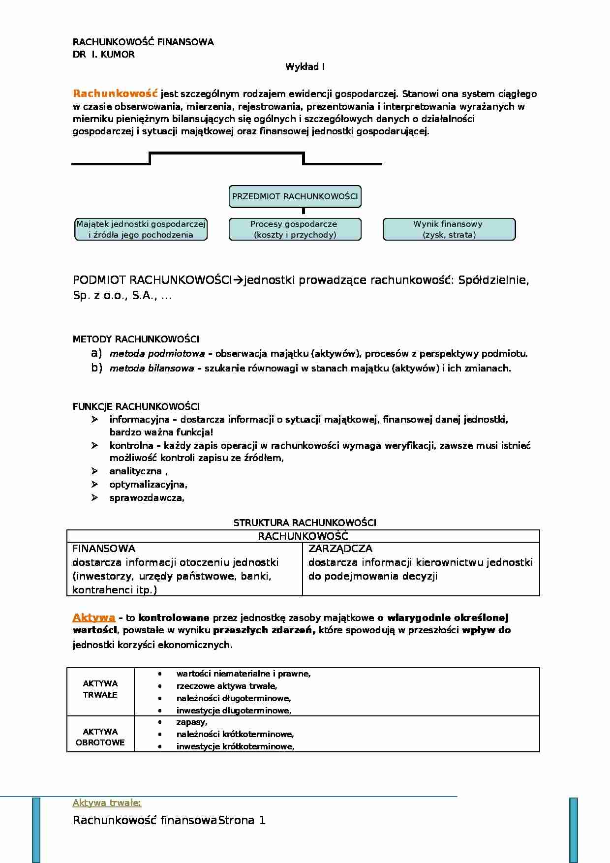 Przedmiot, podmiot, struktura rachunkowości - wykład - strona 1