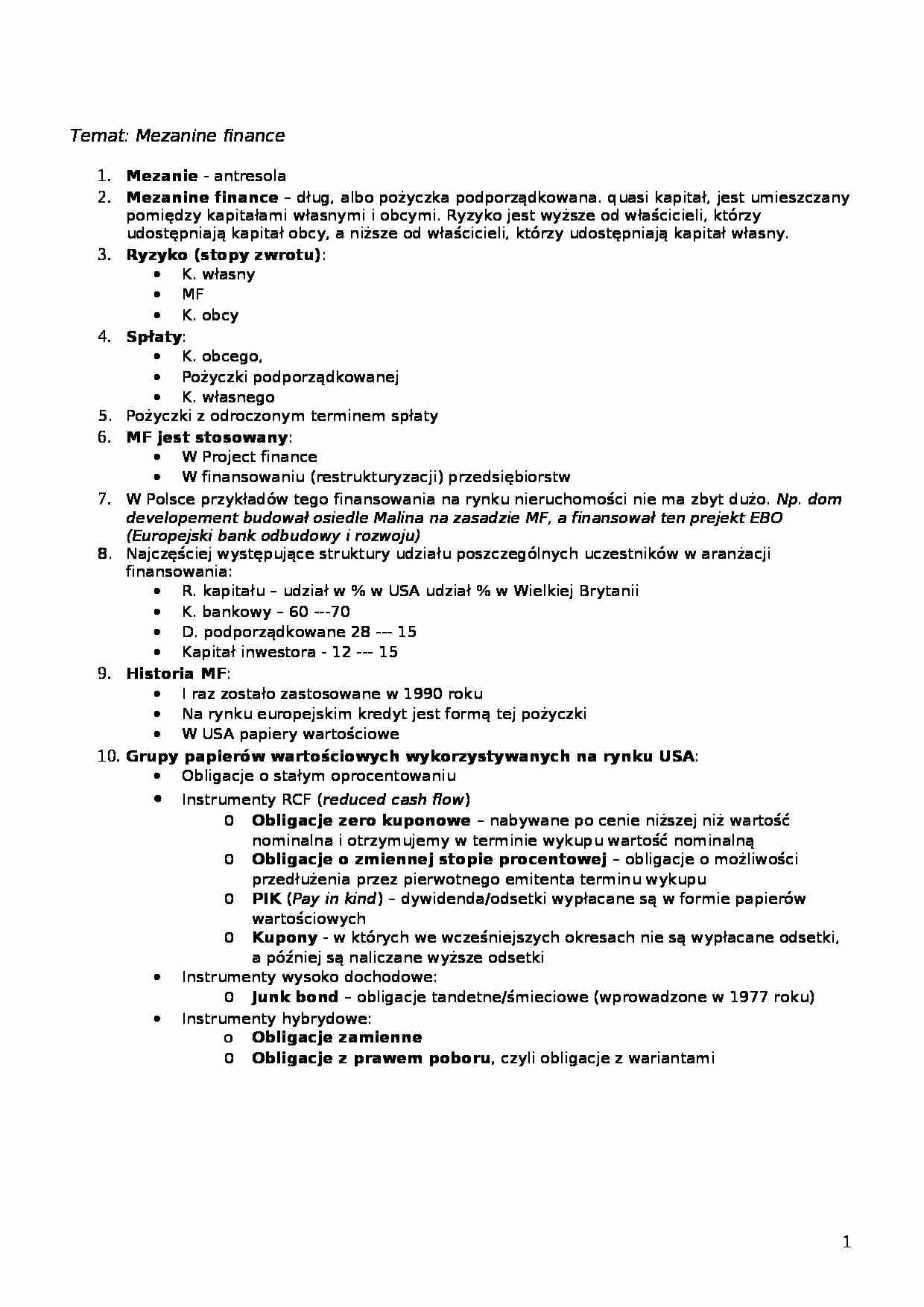 Mezanine finance - wykład - strona 1