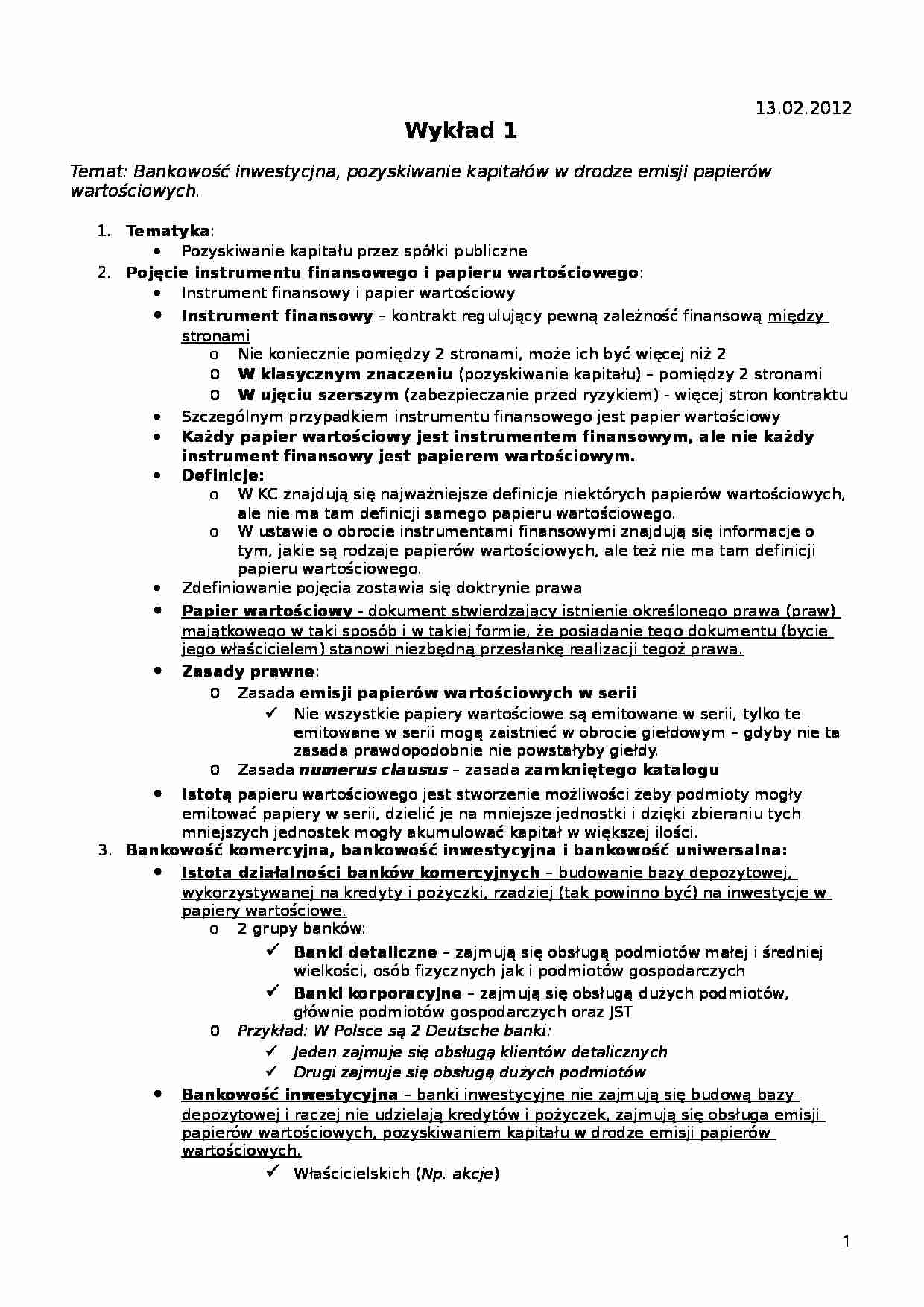 Bankowość inwestycjna, pozyskiwanie kapitałów w drodze emisji papierów wartościowych - wykład - strona 1