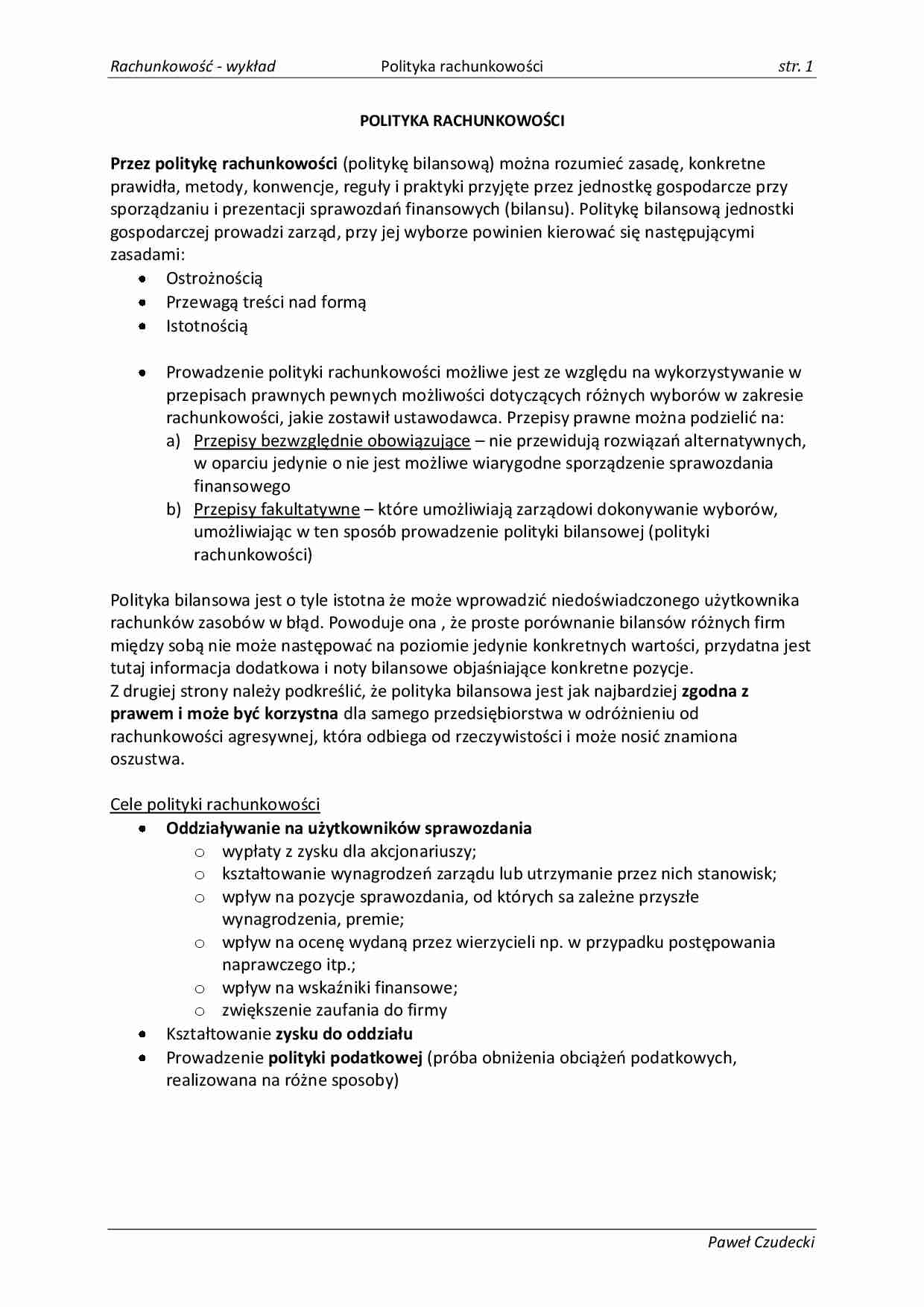 Rachunkowość - polityka rachunkowości WYKŁAD - strona 1