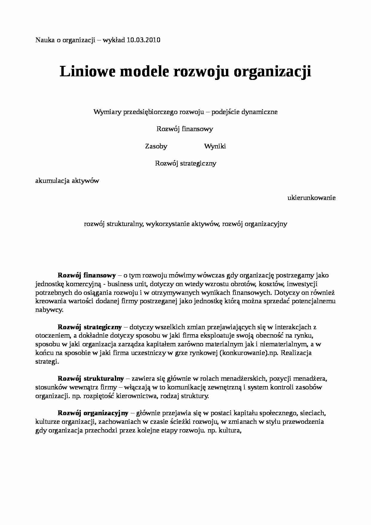 Liniowe modele rozwoju organizacji - wykład - strona 1