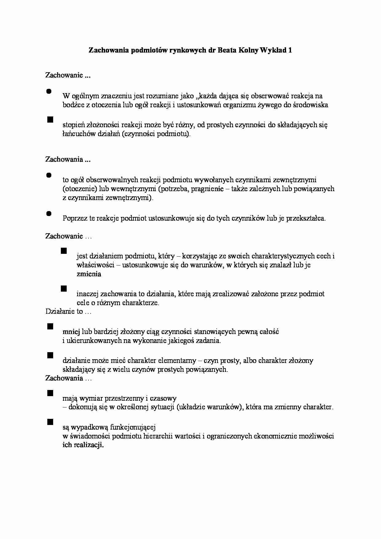 Zachowania podmiotów rynkowych - wykład - strona 1