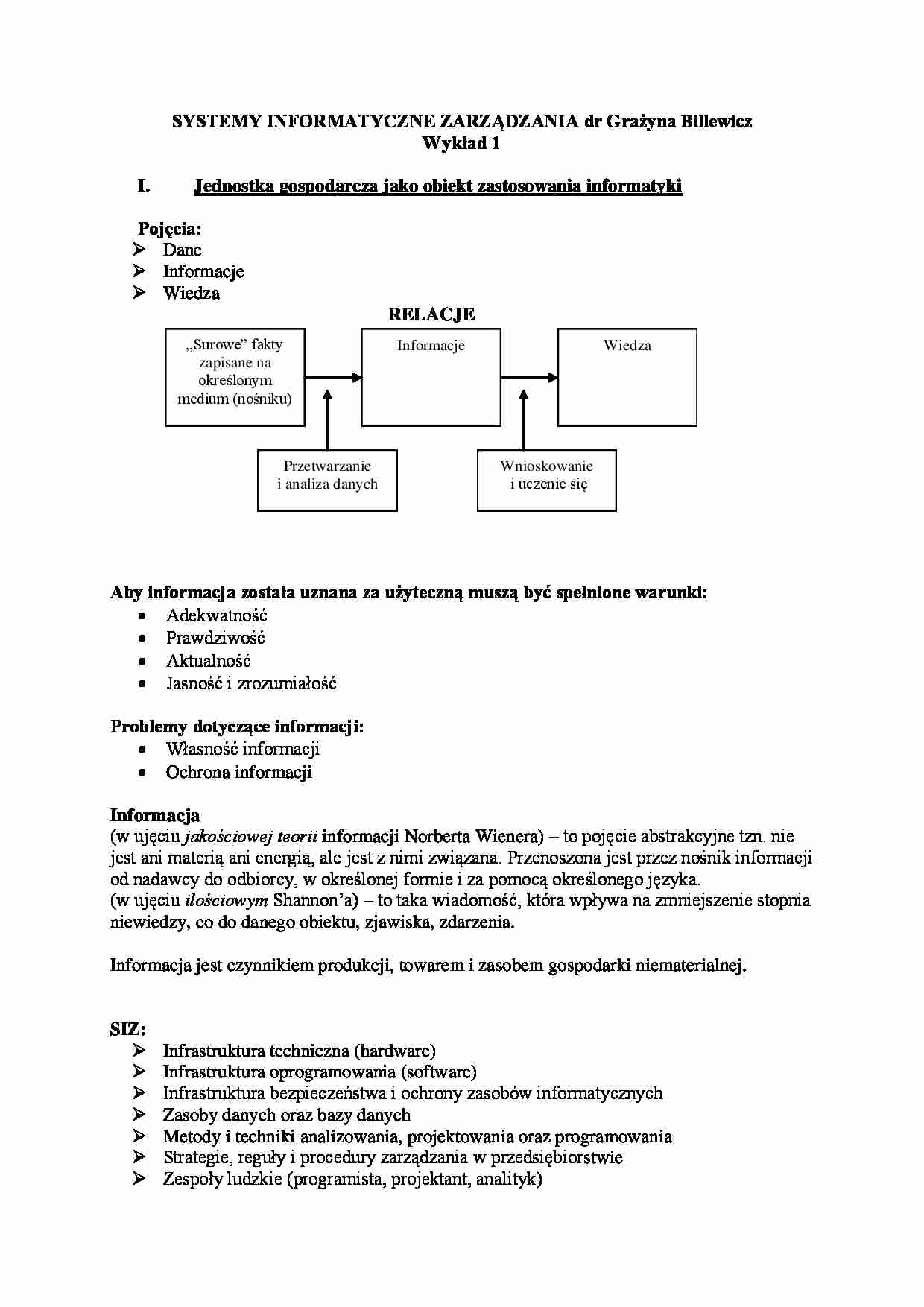 Wykład - Jednostka gospodarcza jako obiekt zastosowania informatyki - strona 1