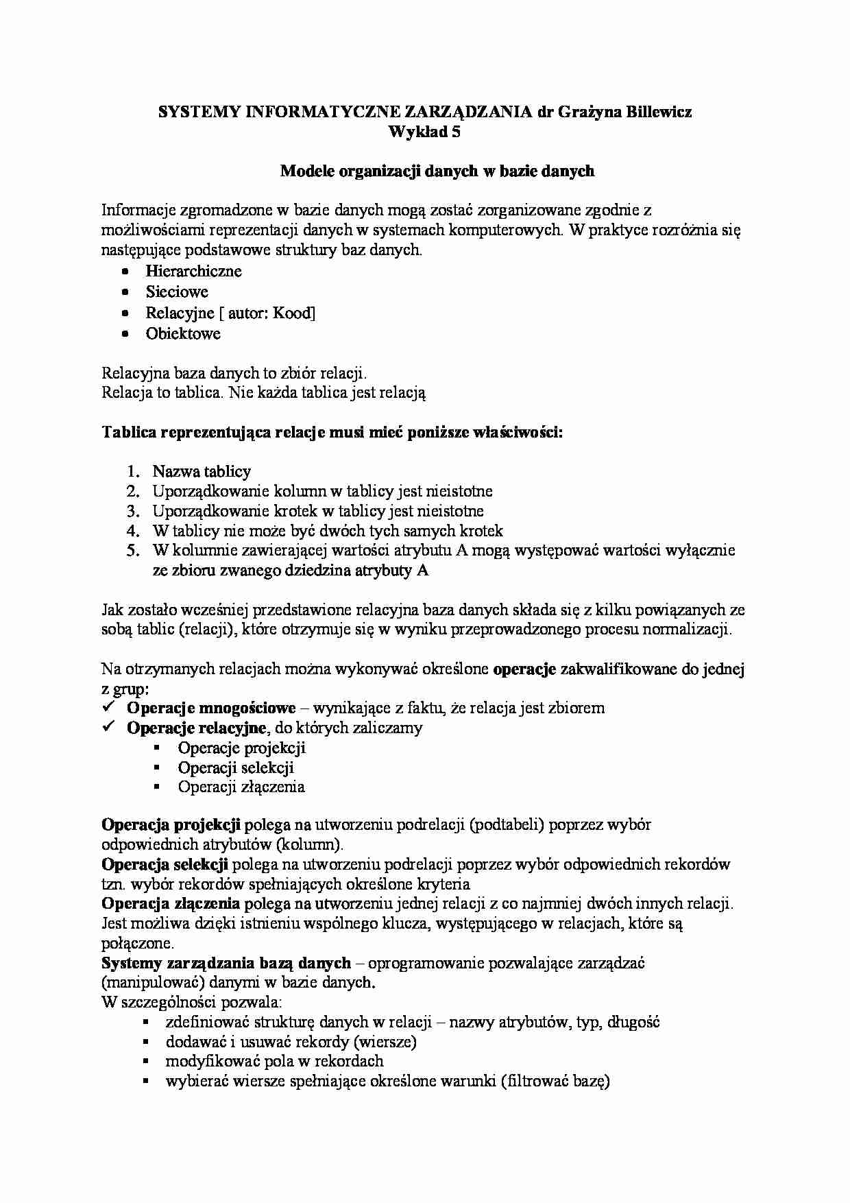 Wykład -  Modele organizacji danych w bazie danych - strona 1