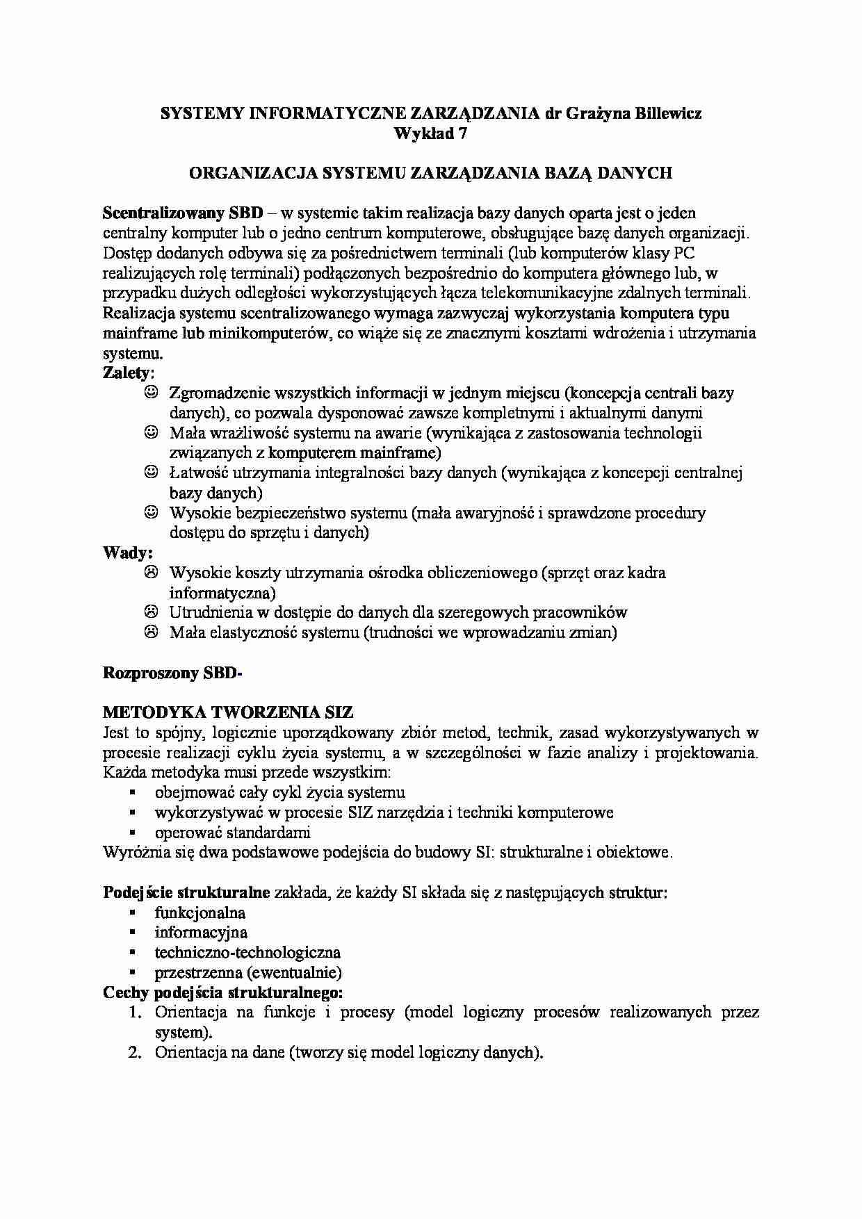 Wykład - organizacja systemu zarządzania bazą danych - strona 1