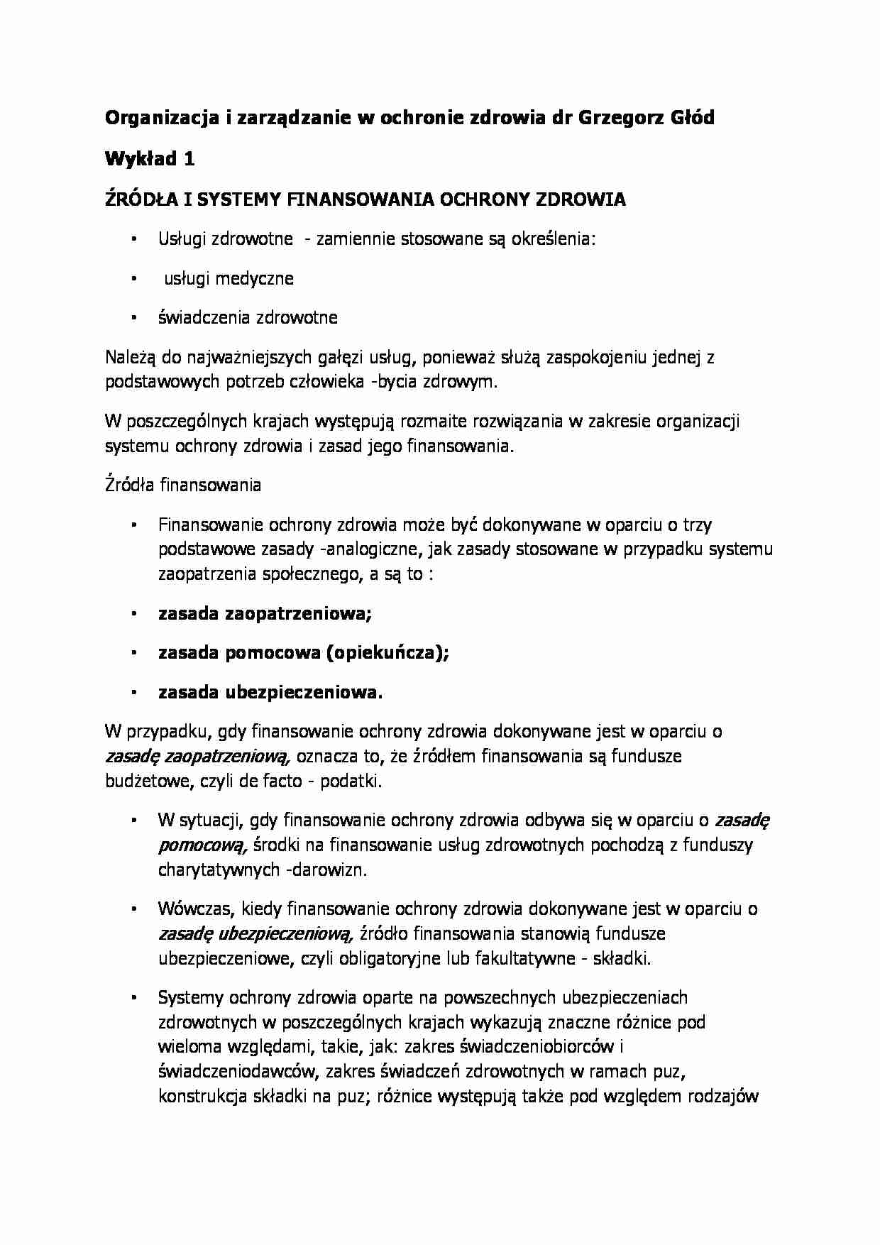 Wykład - źródła i systemy finansowania ochrony zdrowia - strona 1