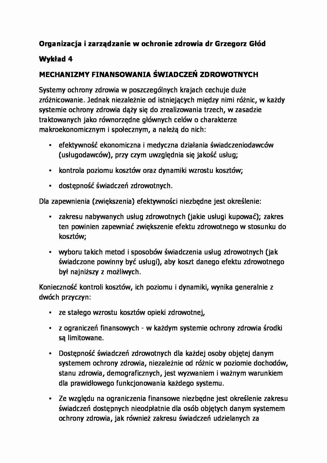Wykład - mechanizm finansowania świadczeń zdrowotnych - strona 1
