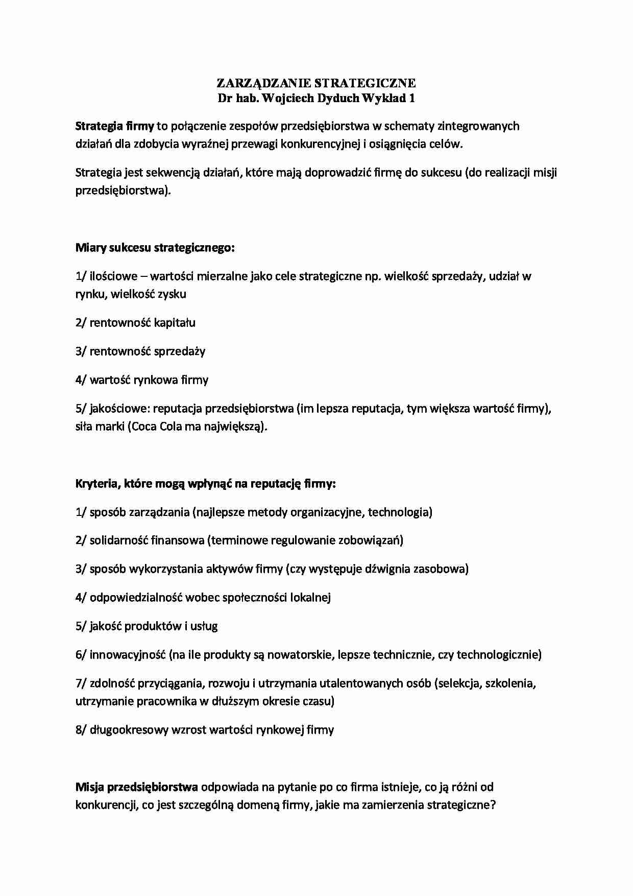 Zarządzanie strategiczne - wykład - strona 1