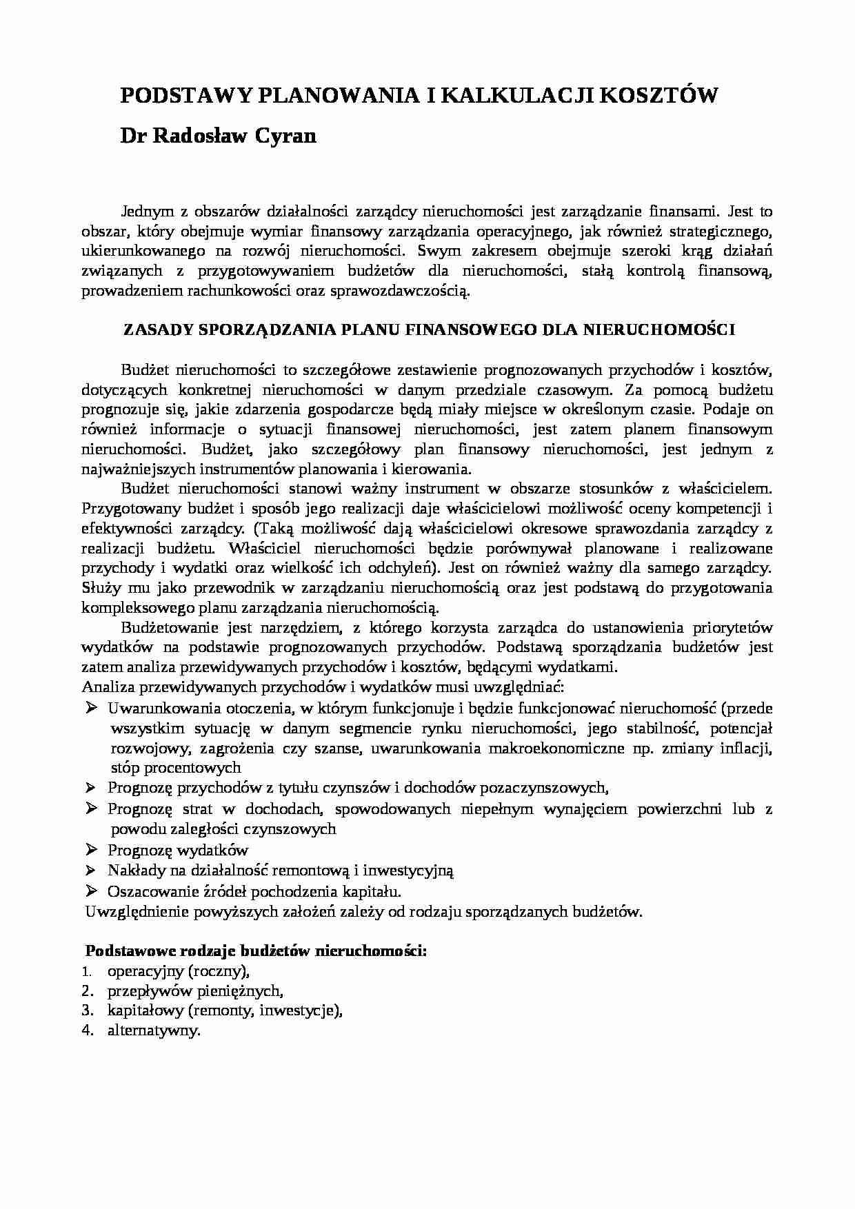 Podstawy planowania i kalkulacji kosztów - wykład - strona 1