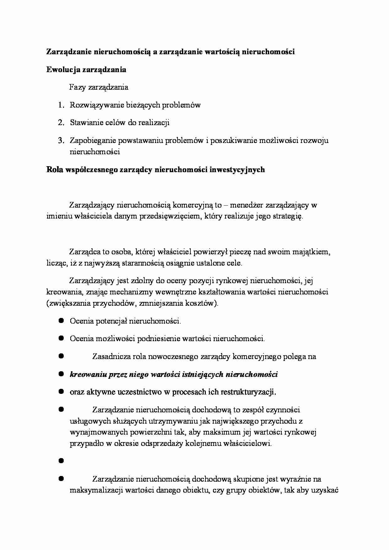Zarządzanie nieruchomością a zarządzanie wartością nieruchomości - wykład - strona 1
