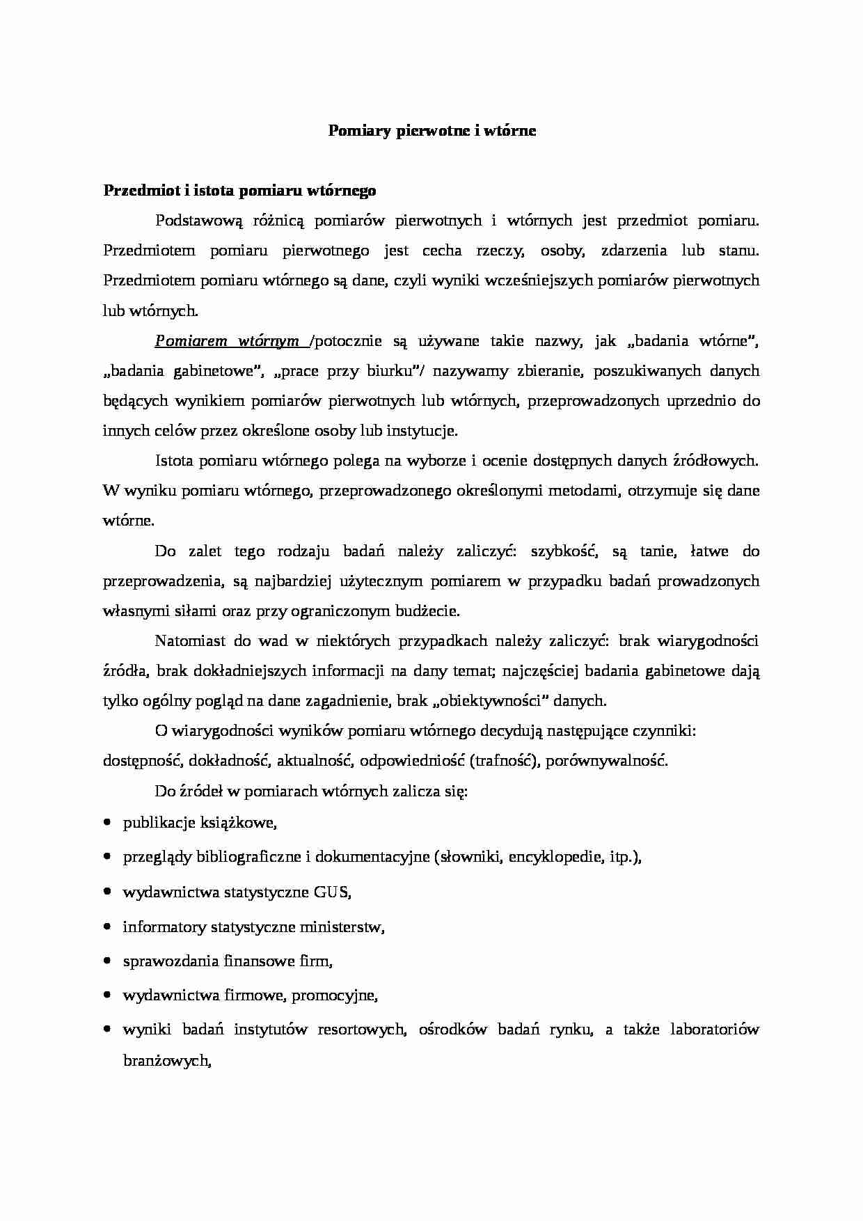 Konspekt - Pomiary pierwotne i wtórne - strona 1