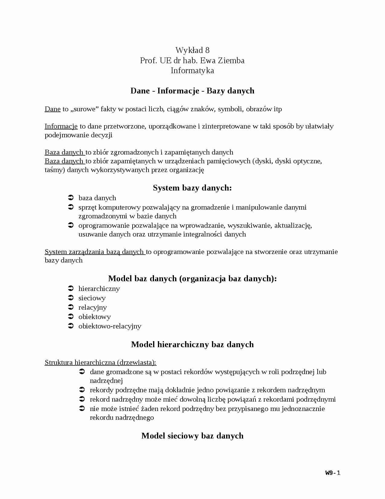 Wykład - Dane - Informacje - Bazy danych - strona 1