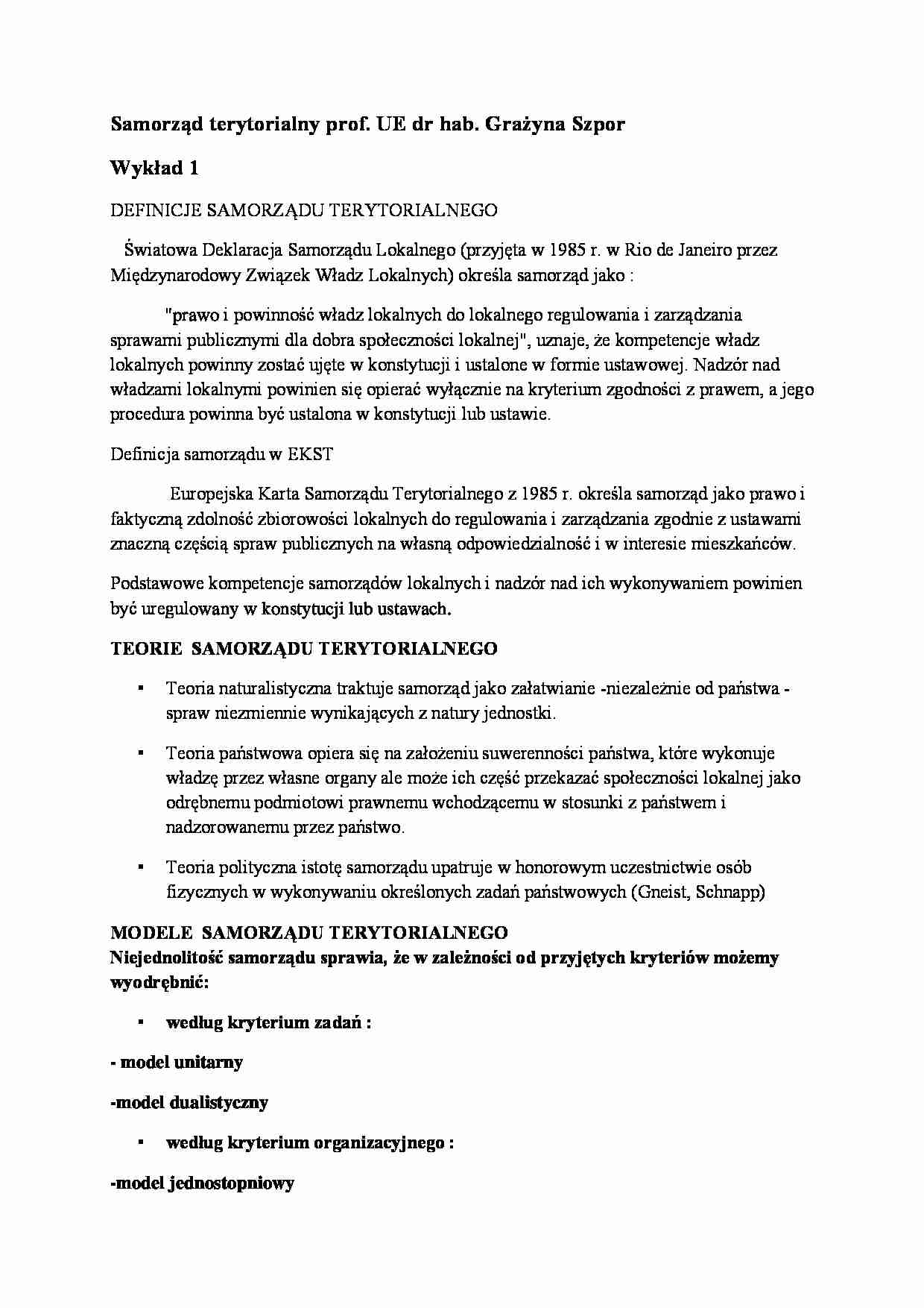 Wykład - definicje samorządu terytorialnego - strona 1