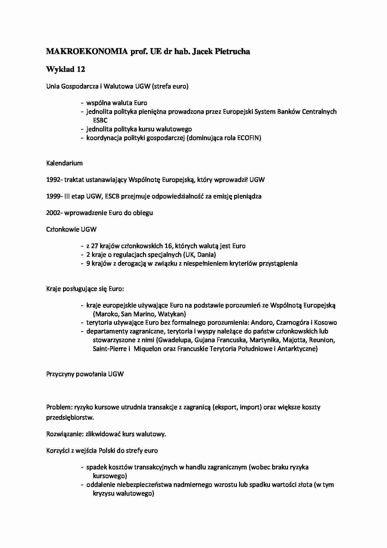 Wykład - Unia Gospodarcza i Walutowa UGW (strefa euro) wspólna waluta Euro - strona 1