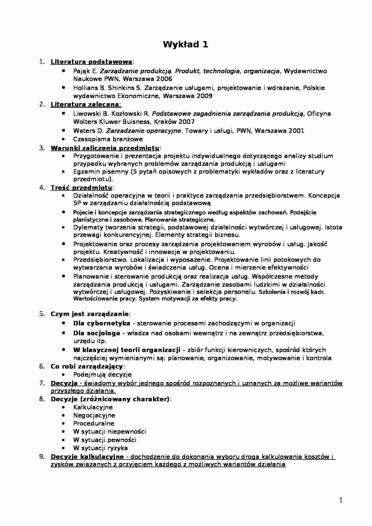 Wykład - Zarządzanie produkcją i usługami - strona 1