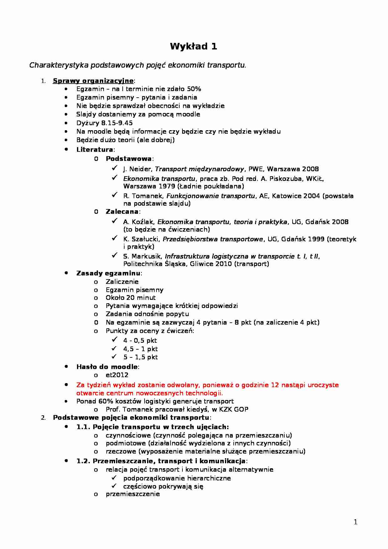 Wykład - Charakterystyka podstawowych pojęć ekonomiki transportu - strona 1