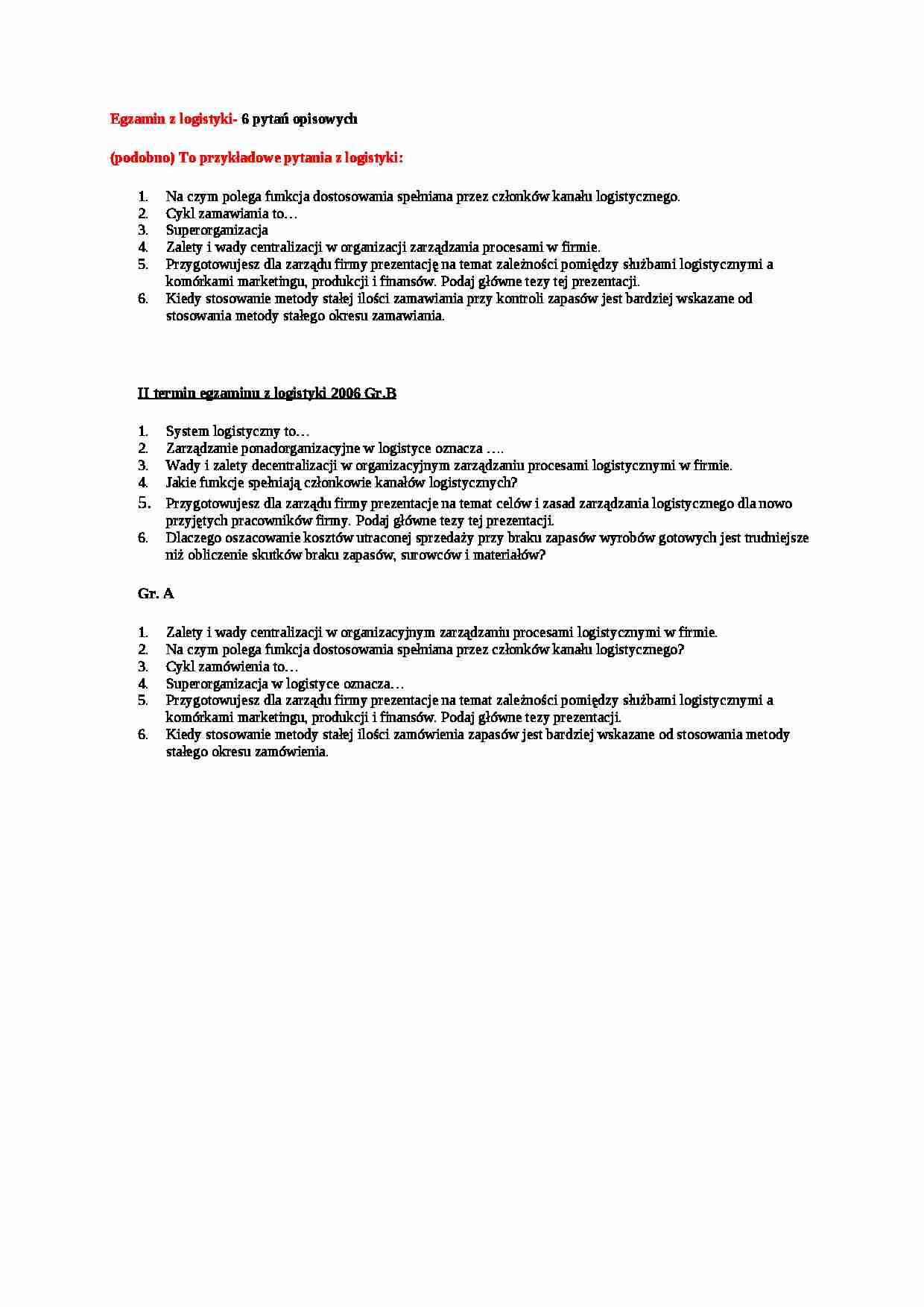 Pytania z logistyki - egzamin - strona 1