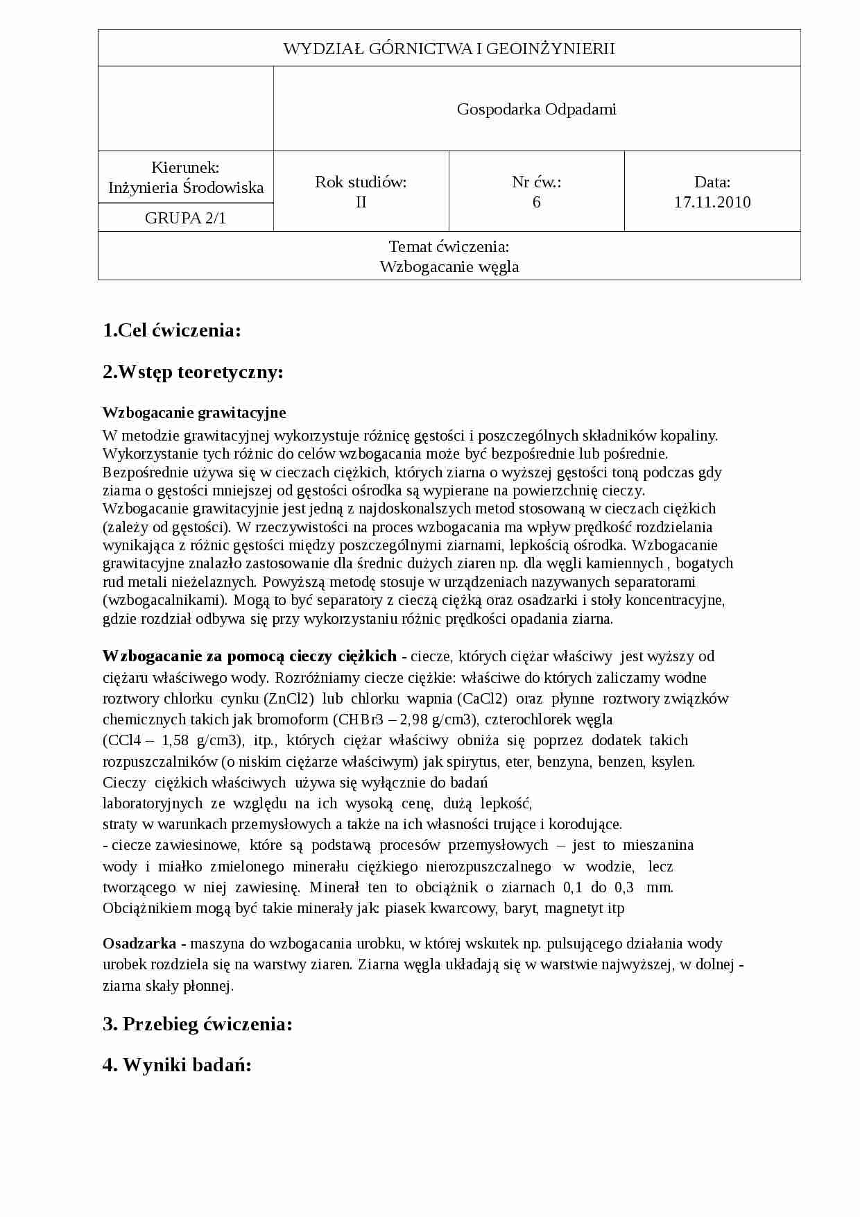 Wzbogacanie grawitacyjne, LABORATORIUM - strona 1