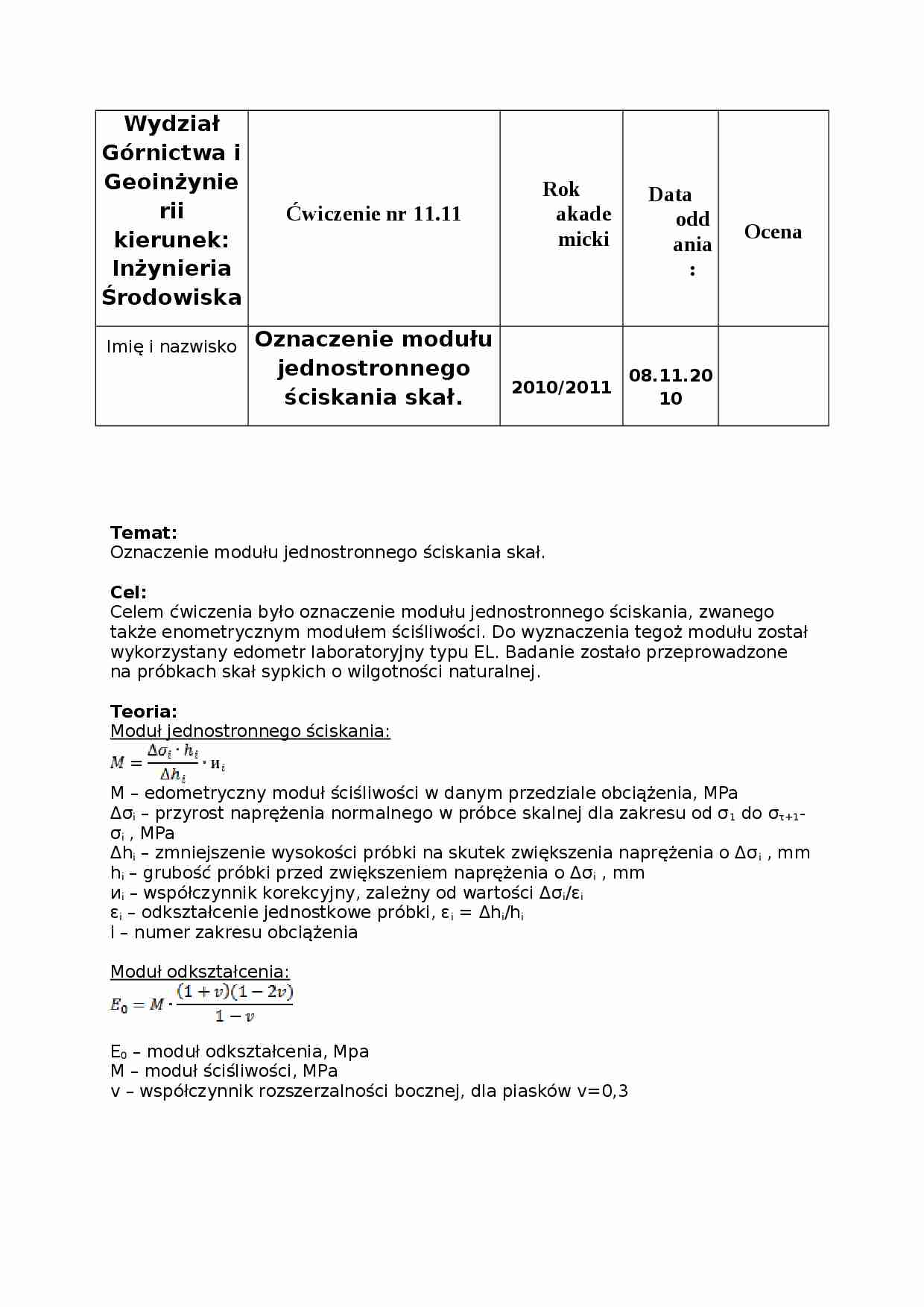 Oznaczenie modułu jednostronnego ściskania skał, LABORATORIUM - strona 1