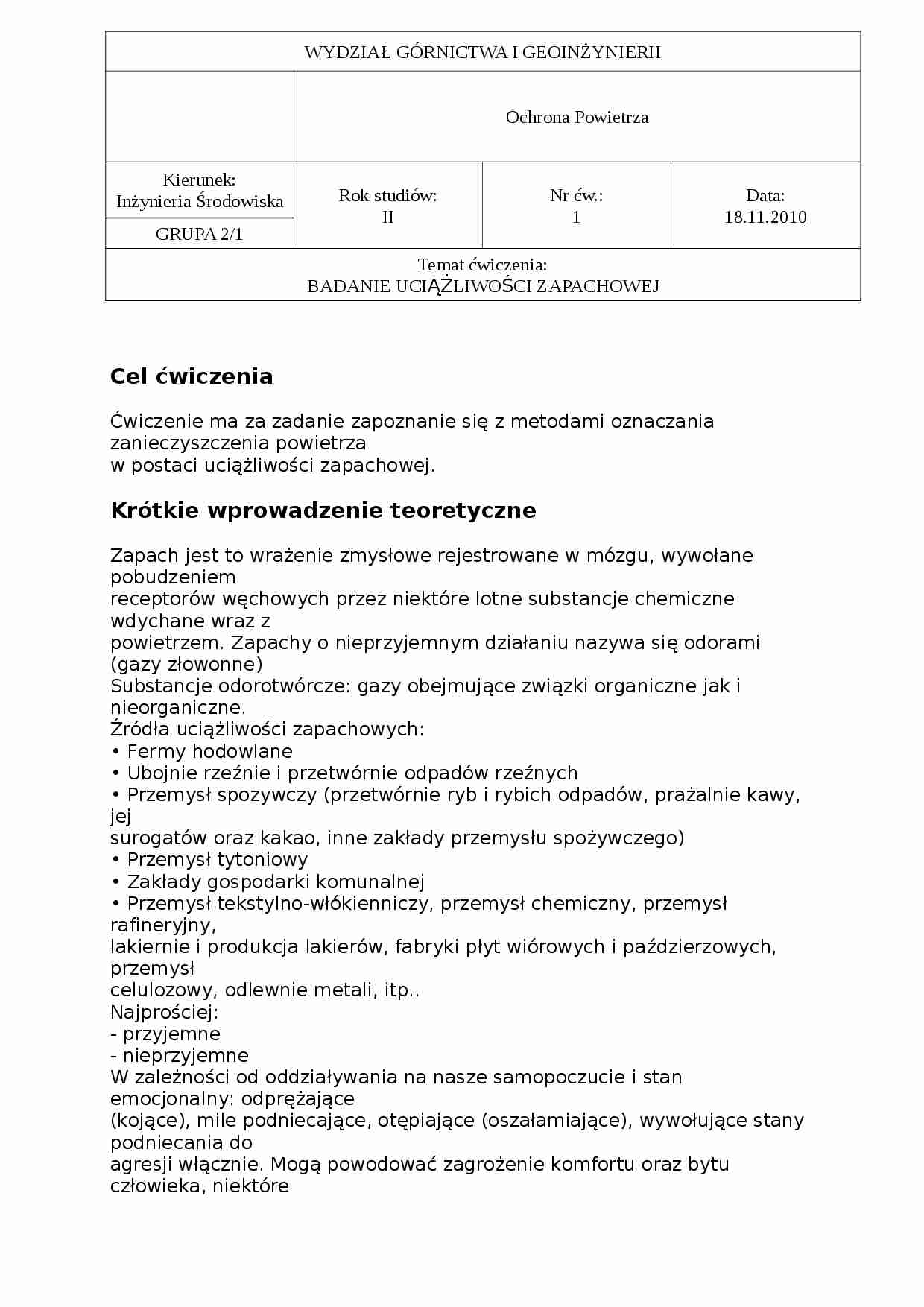 BADANIE UCIĄŻLIWOŚCI ZAPACHOWEJ, LABORATORIUM - strona 1
