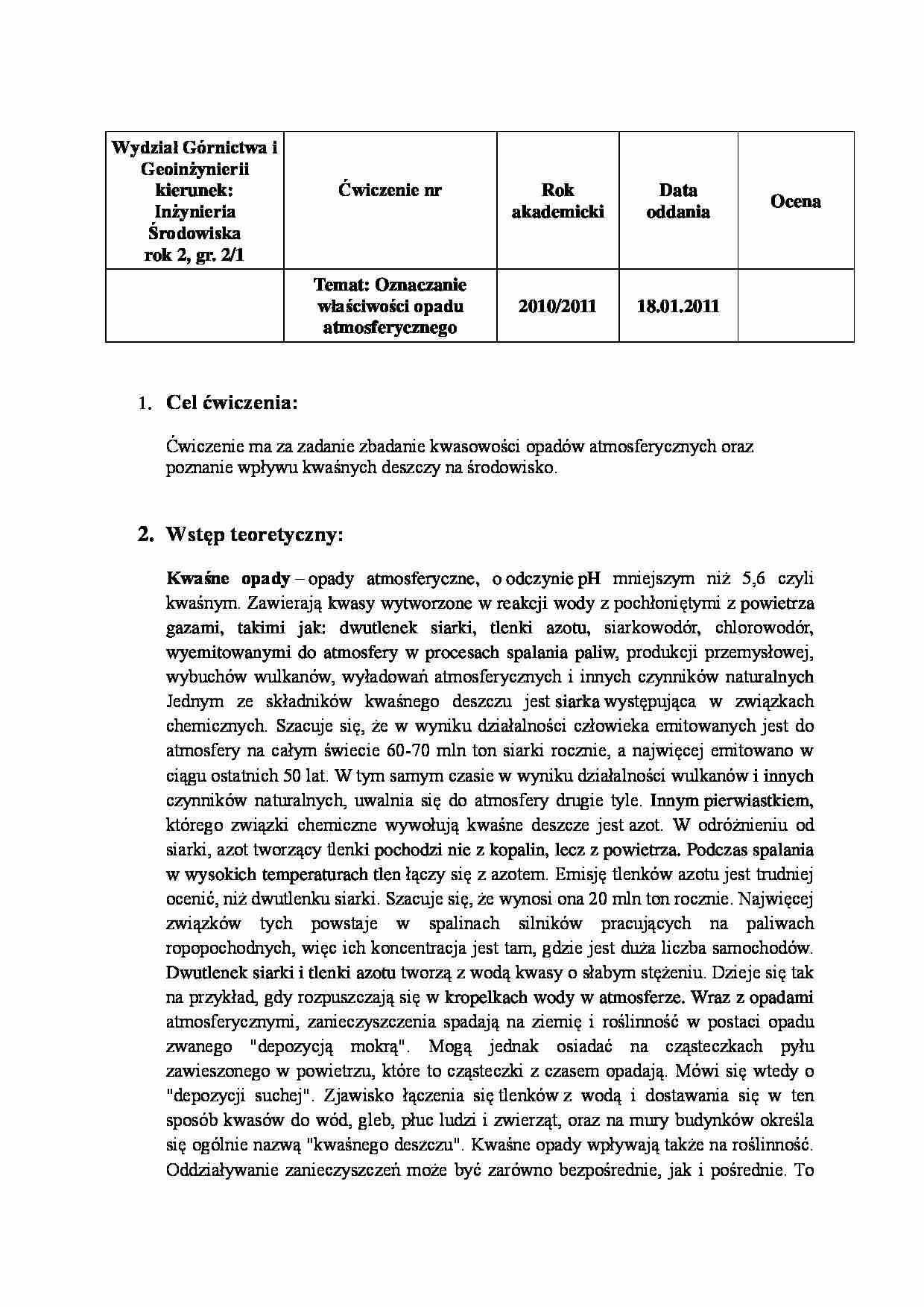 Oznaczanie właściwości opadu atmosferycznego, LABORATORIUM - strona 1