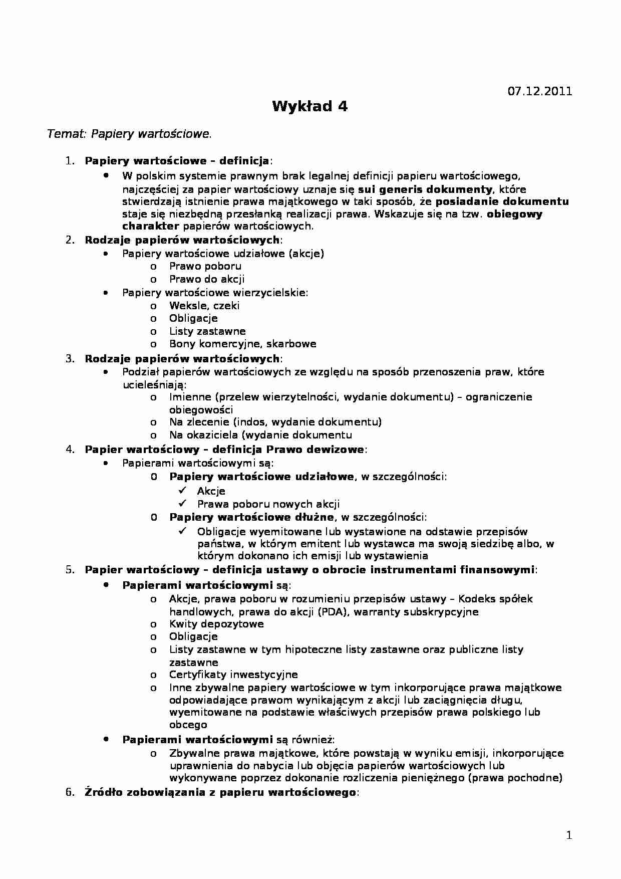 Papiery wartościowe-opracowanie - strona 1