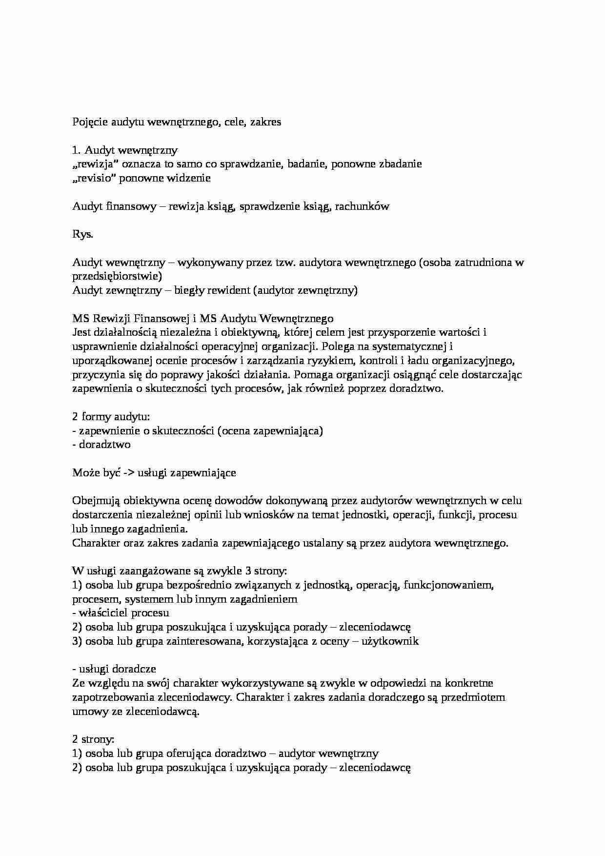 Pojęcie audytu wewnętrznego, cele, zakres-opracowanie - strona 1