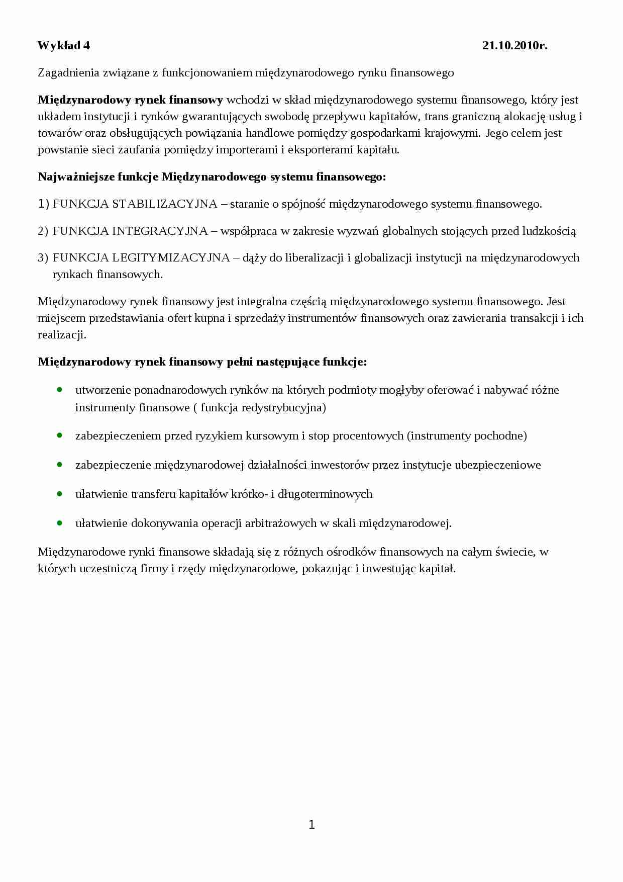 Międzynarodowy rynek finansowy - wykład 4 - strona 1