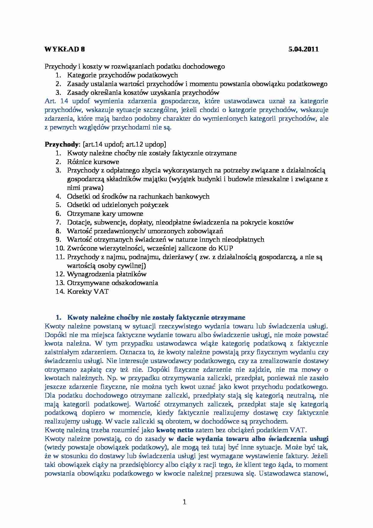 Przychody i koszty w rozwiązaniach podatku dochodowego-opracowanie - strona 1