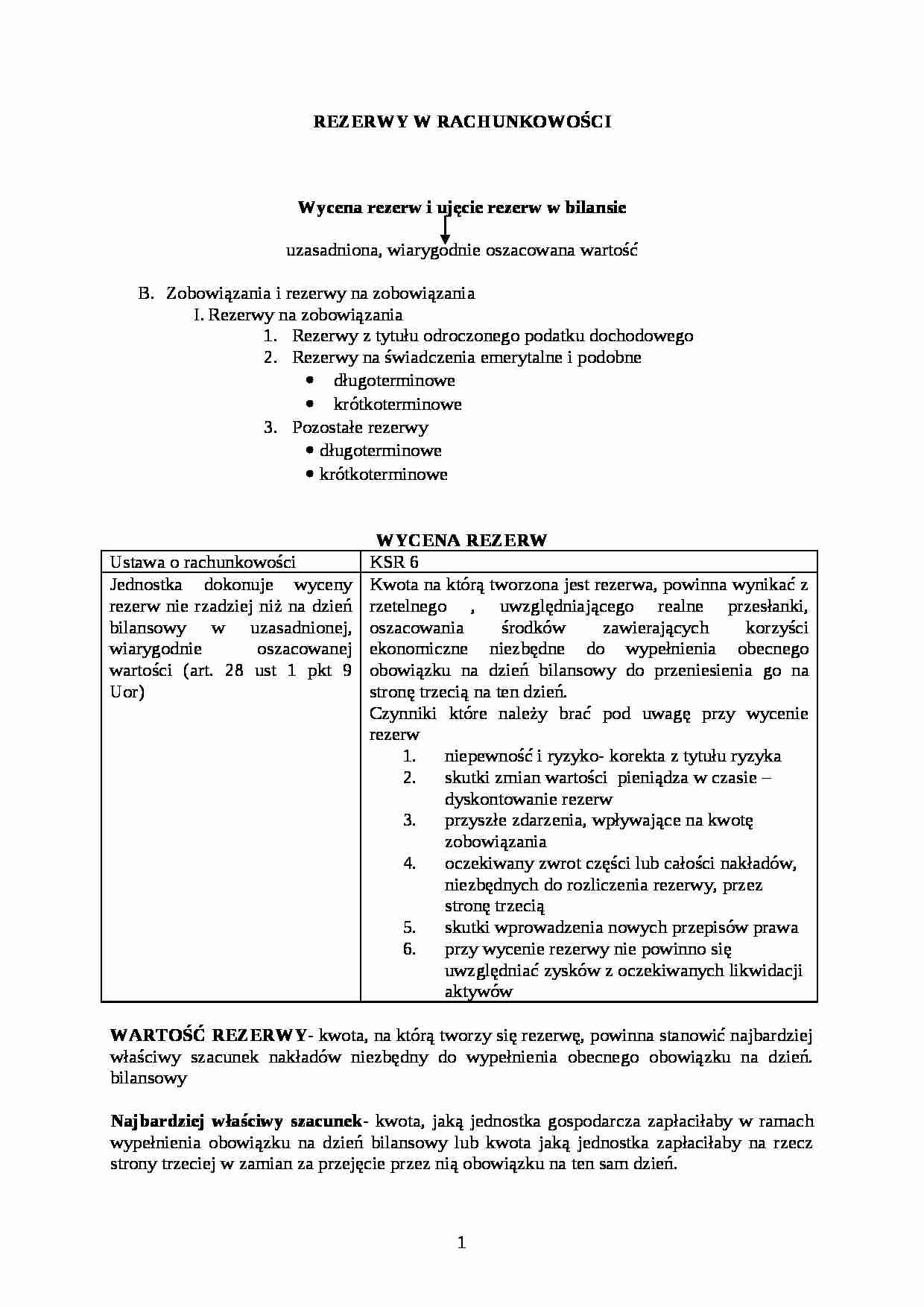 Wycena rezerw i ujęcie rezerw w bilansie-opracowanie - strona 1