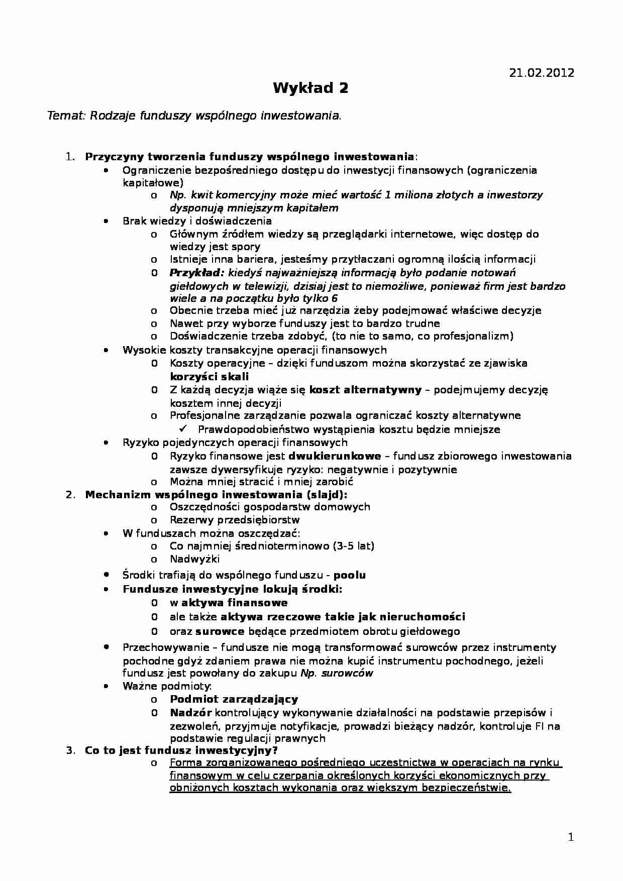 Rodzaje funduszy wspólnego inwestowania-opracowanie - strona 1