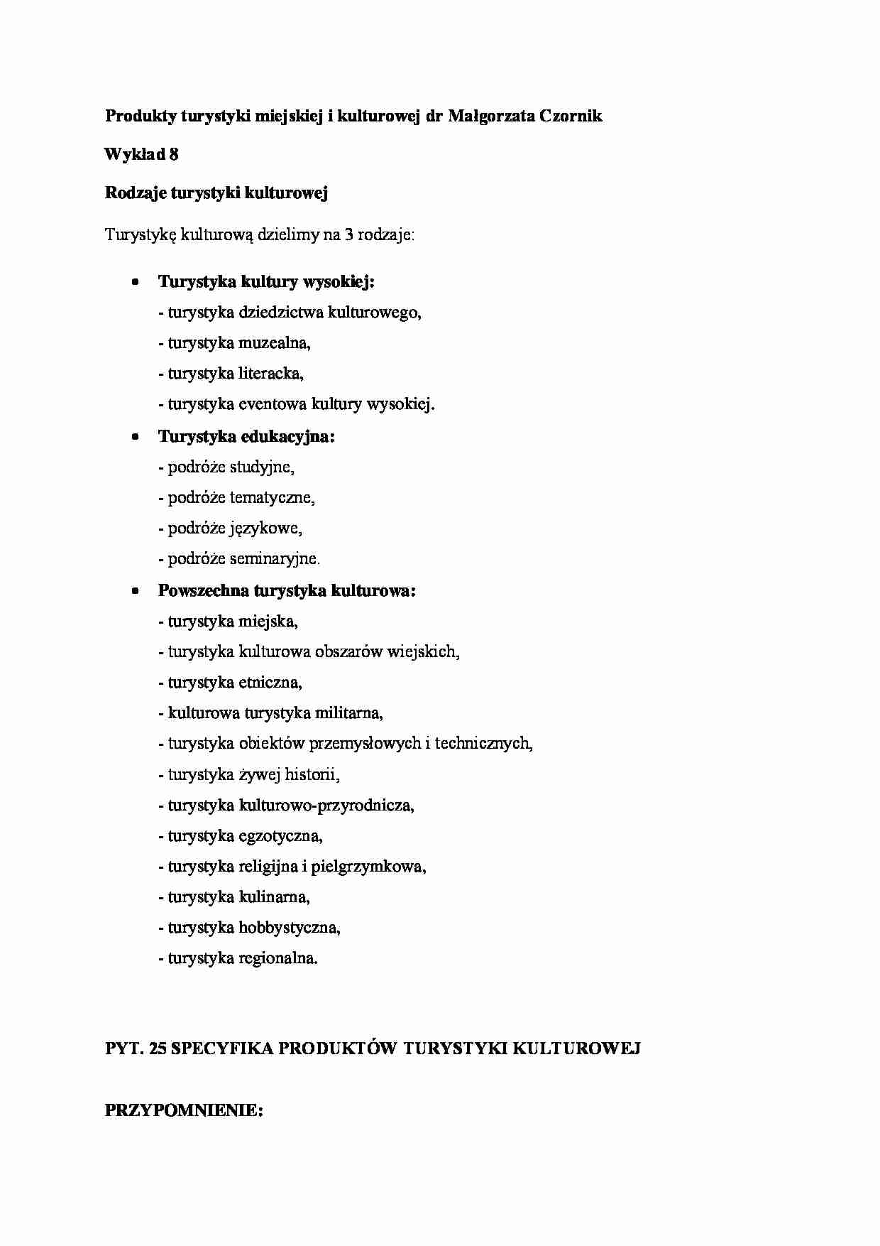 Produkty turystyki miejskiej i kulturowej- wykład 8 - strona 1